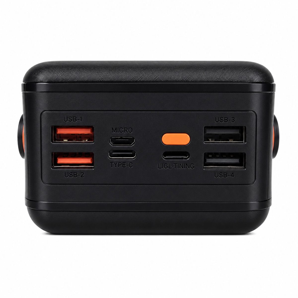 Cargador negro con dos USB-A naranjas, micro-USB, USB-C, un botón naranja y dos puertos USB negros.