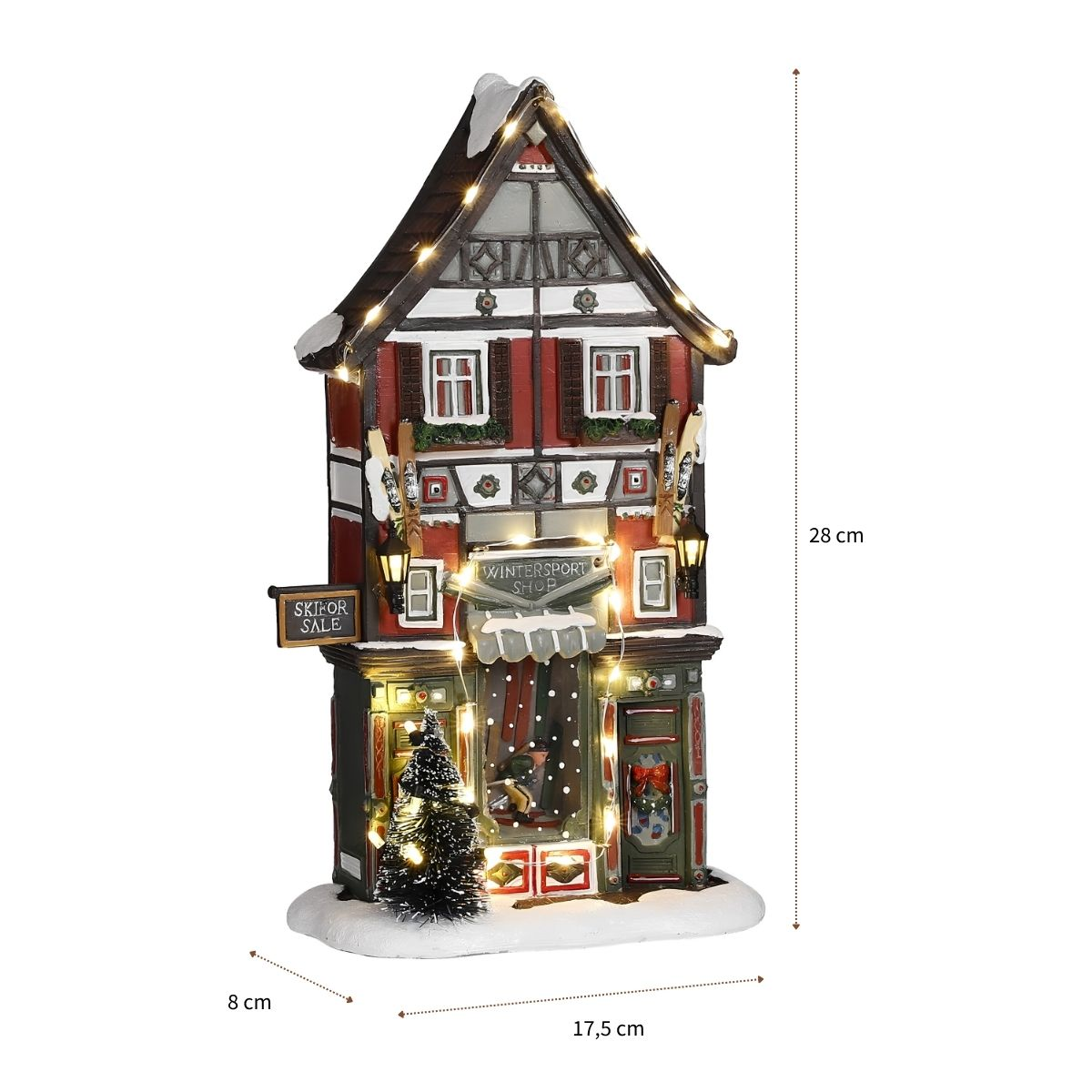 Figurine de Noël illuminée de magasin de sports d'hiver avec des dimensions de 28 x 17,5 x 8 cm.