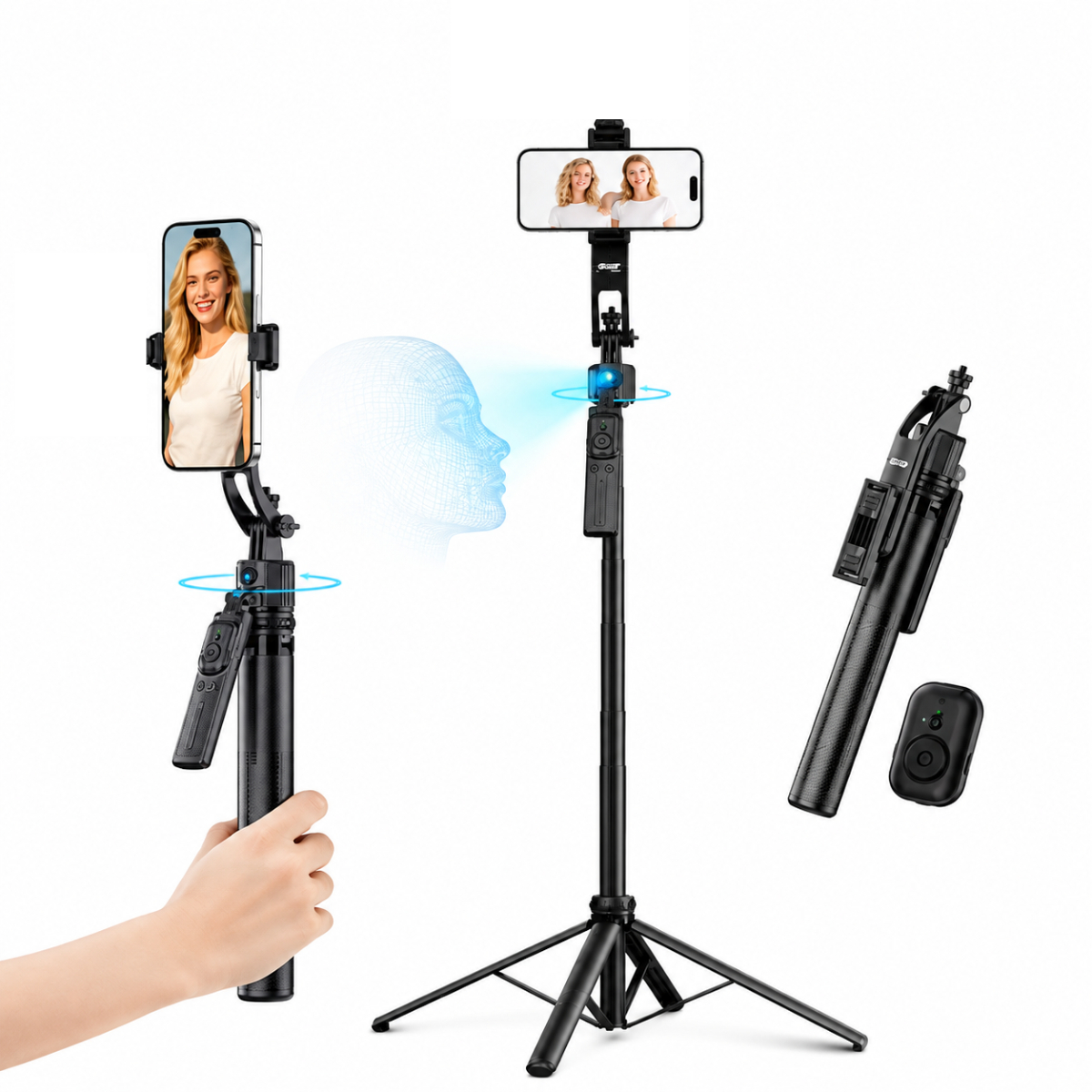 Trípode negro con soporte para teléfono, seguimiento facial y control remoto sobre fondo blanco.
