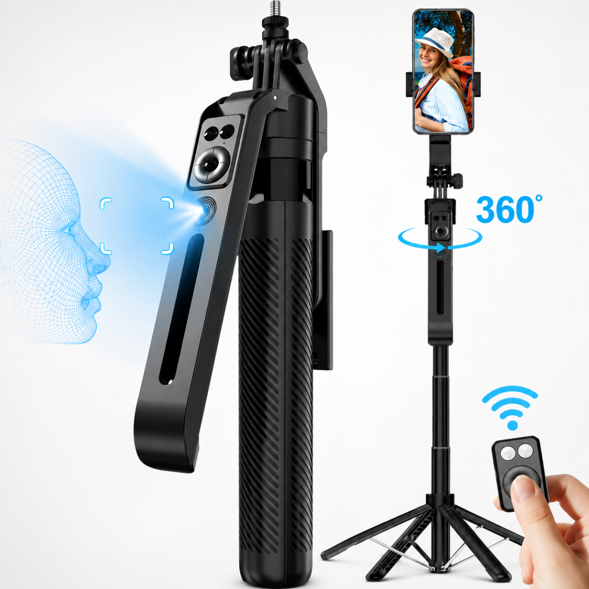 Un trípode de palo de selfie negro con seguimiento facial, rotación de 360 grados y control remoto.