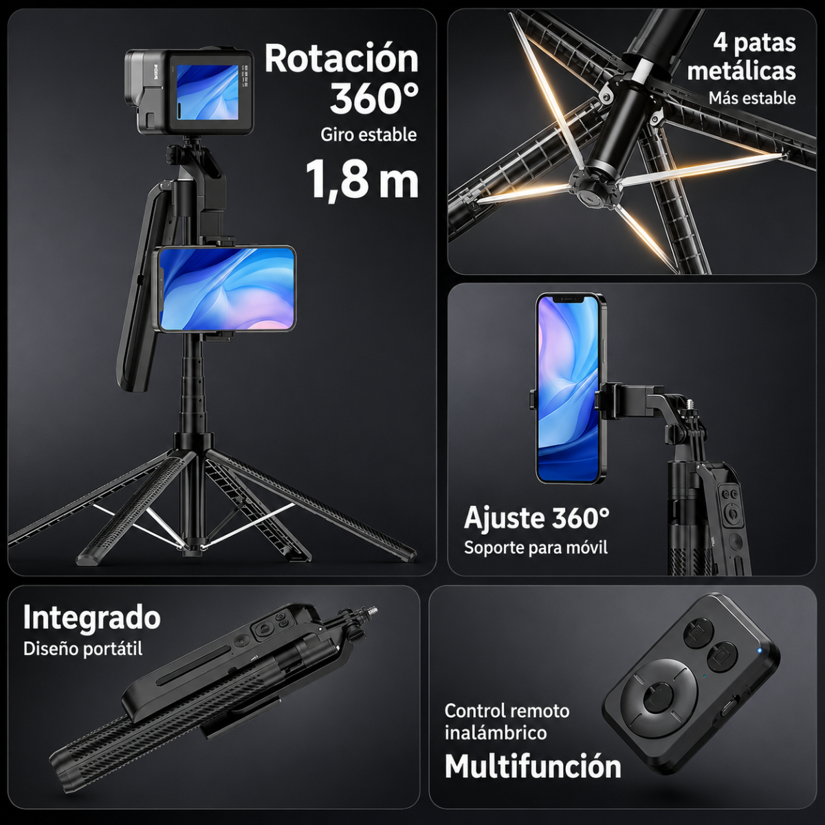 Trípode negro con rotación de 360 grados, soporte para móvil, cuatro patas metálicas y control remoto inalambrico.