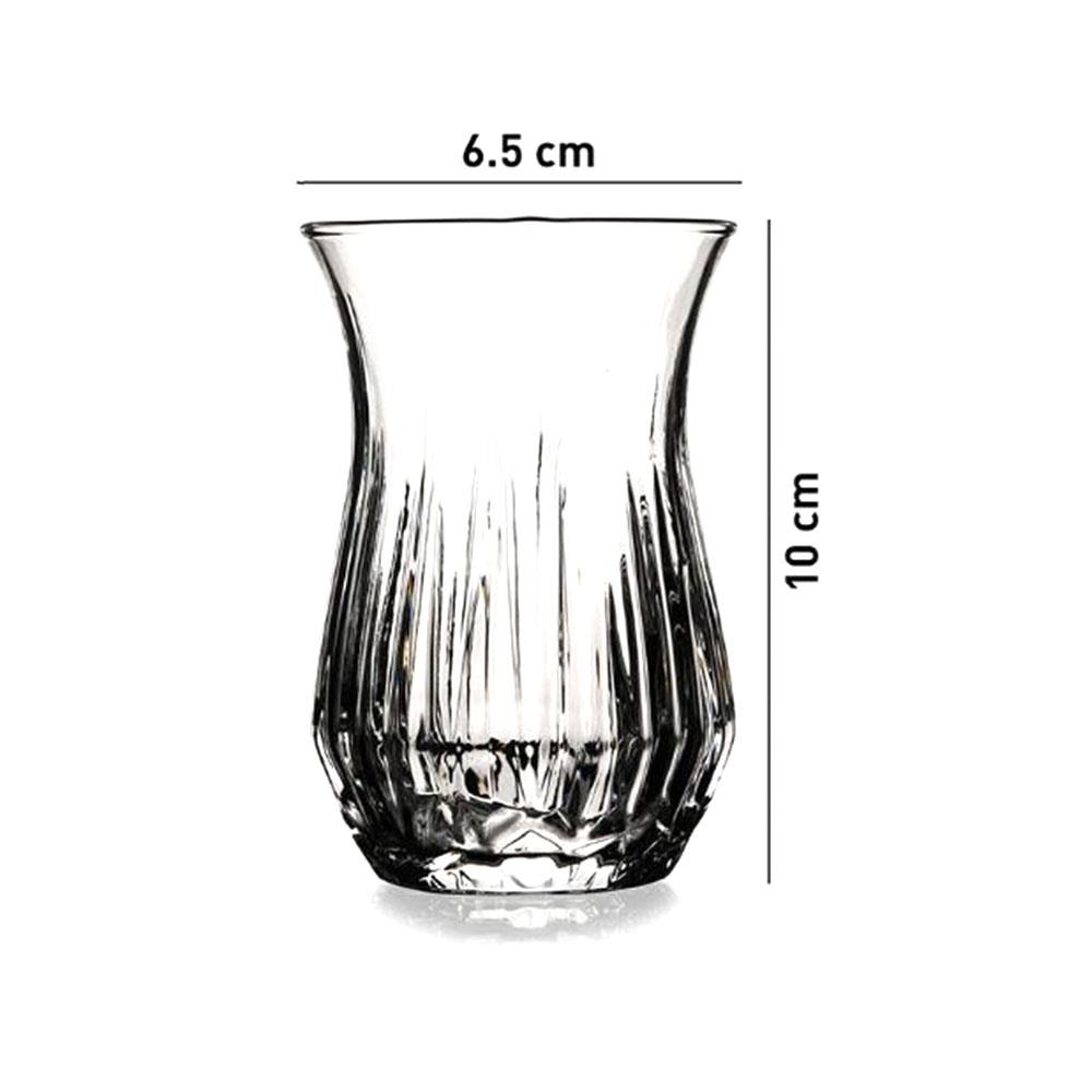 10 cm yükseklik ve 6.5 cm genişliğe sahip desenli cam çay bardağı.