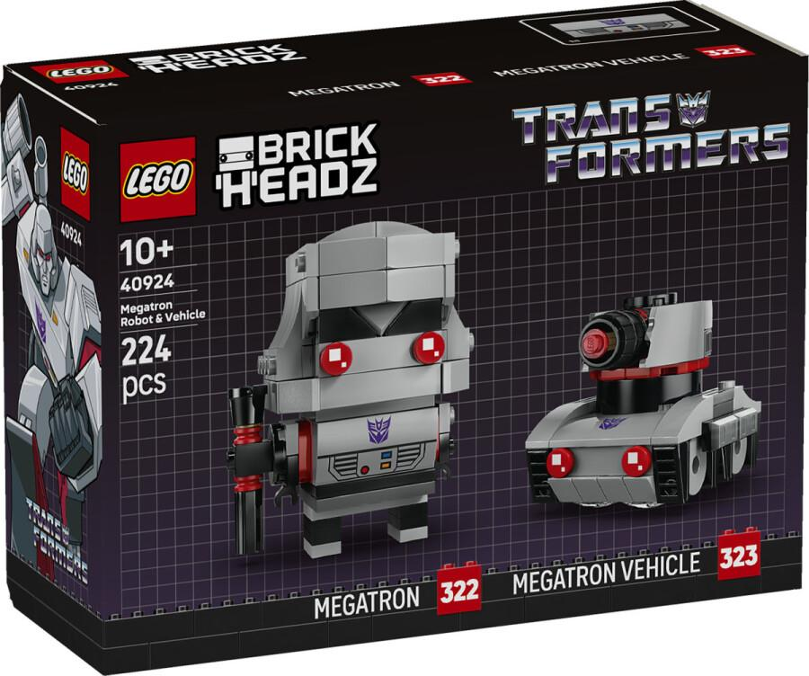 Robot ve araç içeren Lego BrickHeadz Transformers Megatron set kutusu.