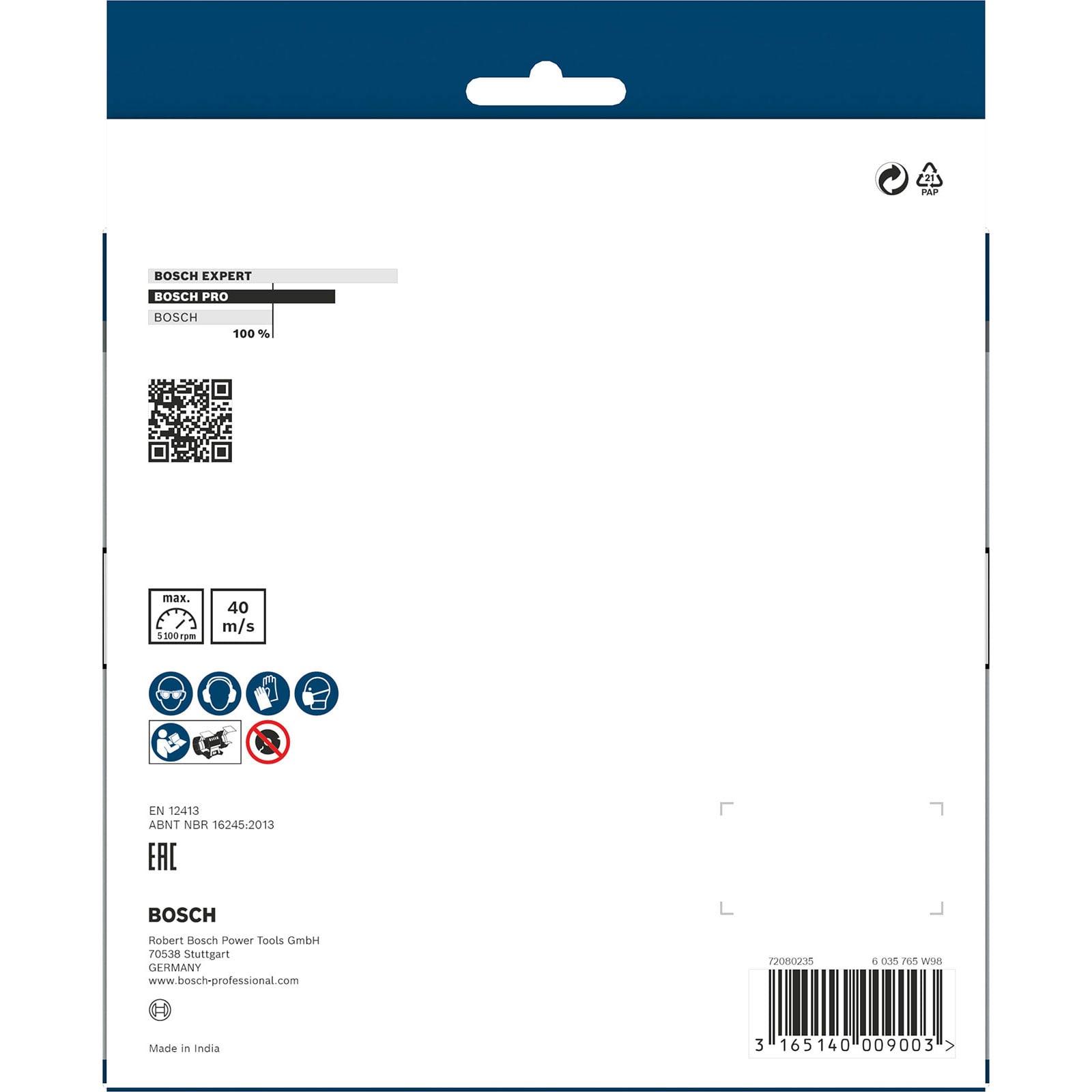 Rückseite einer Bosch-Produktverpackung mit Sicherheits- und Herstellerinfos.
