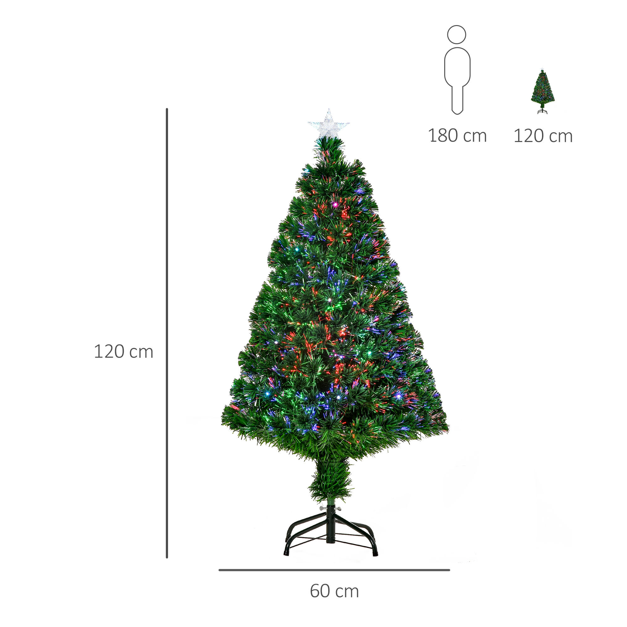 Árbol de Navidad artificial verde con luces, estrella y dimensiones de 120 cm de alto y 60 cm de ancho.