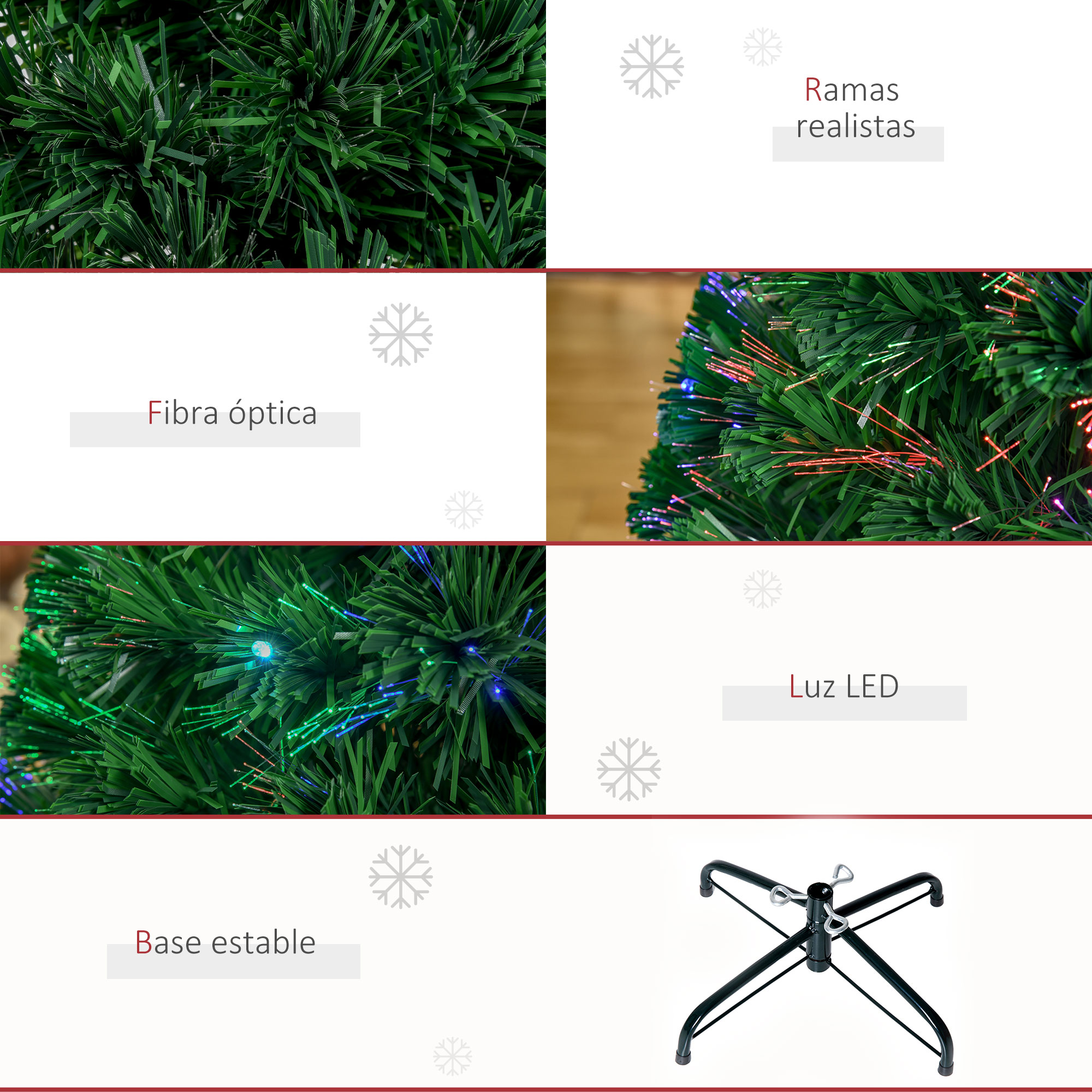 Cuatro paneles muestran ramas realistas, fibra óptica, luces LED y una base de metal estable de un árbol de Navidad.