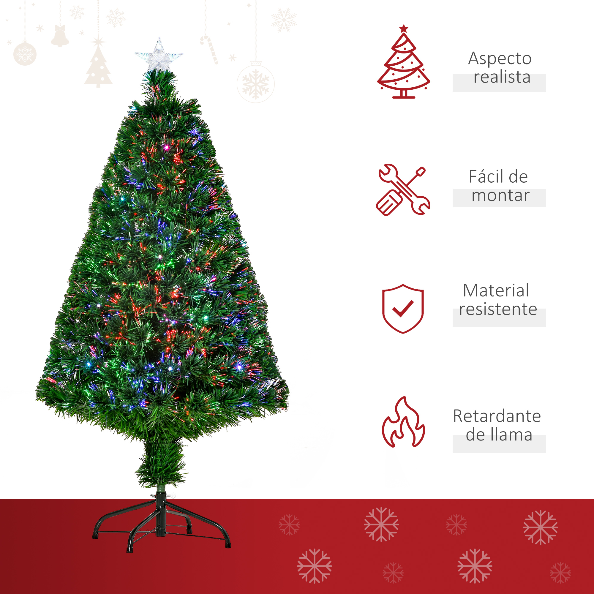 Un árbol de Navidad iluminado con luces de fibra óptica y cuatro iconos.