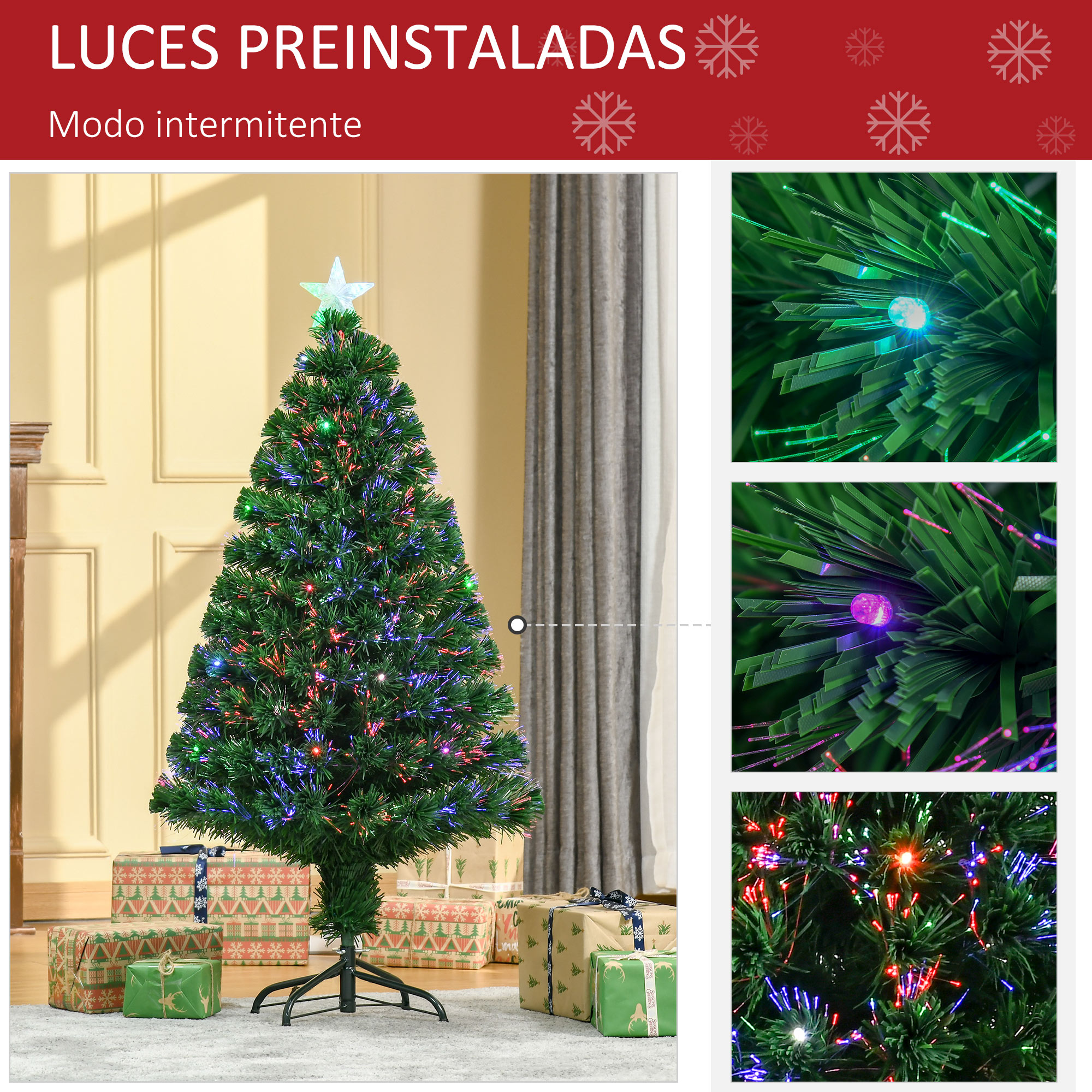 Un árbol de Navidad iluminado con luces de fibra óptica y regalos debajo, con primeros planos de las luces.