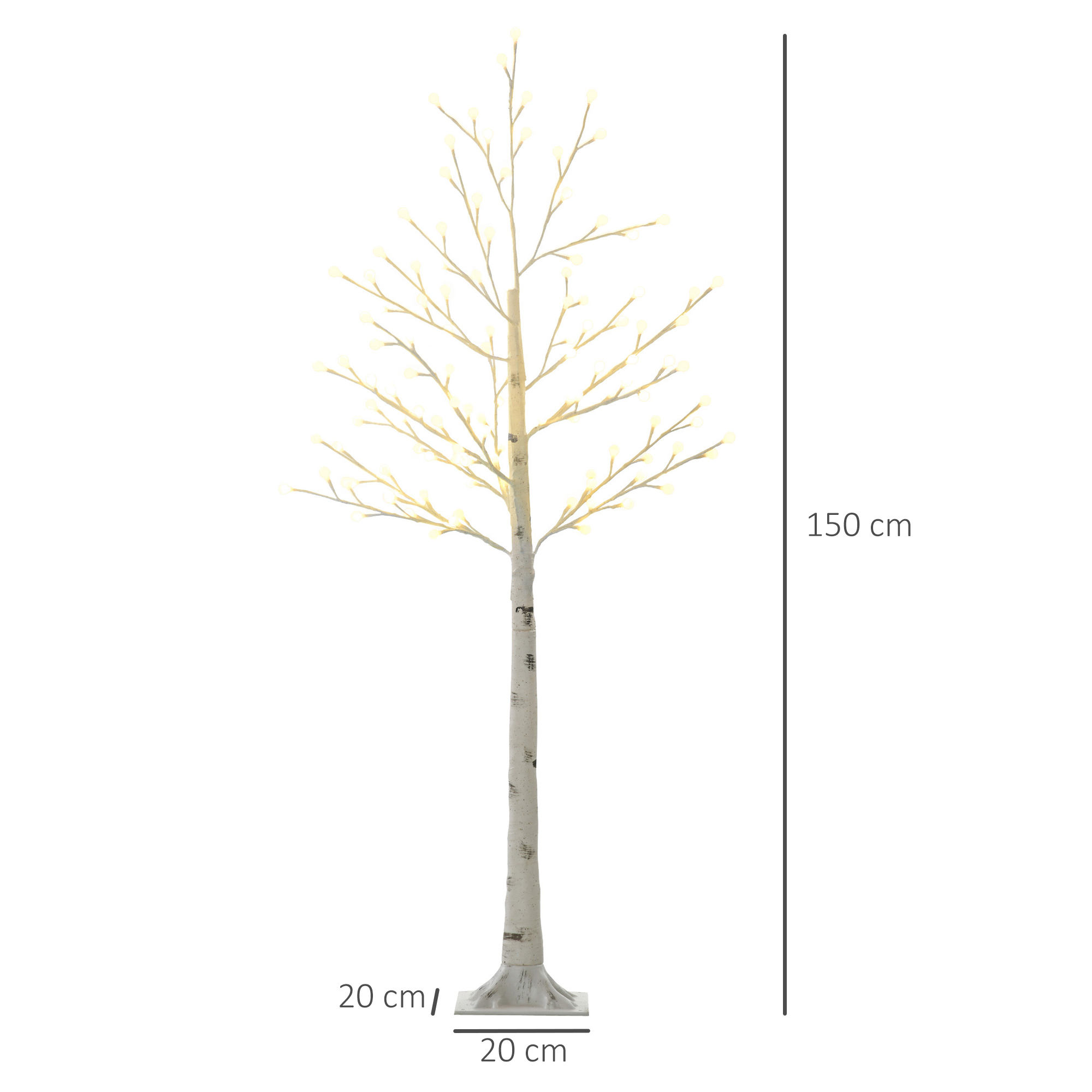 Árbol de abedul iluminado, 150 cm de alto, con medidas blancas y grises.