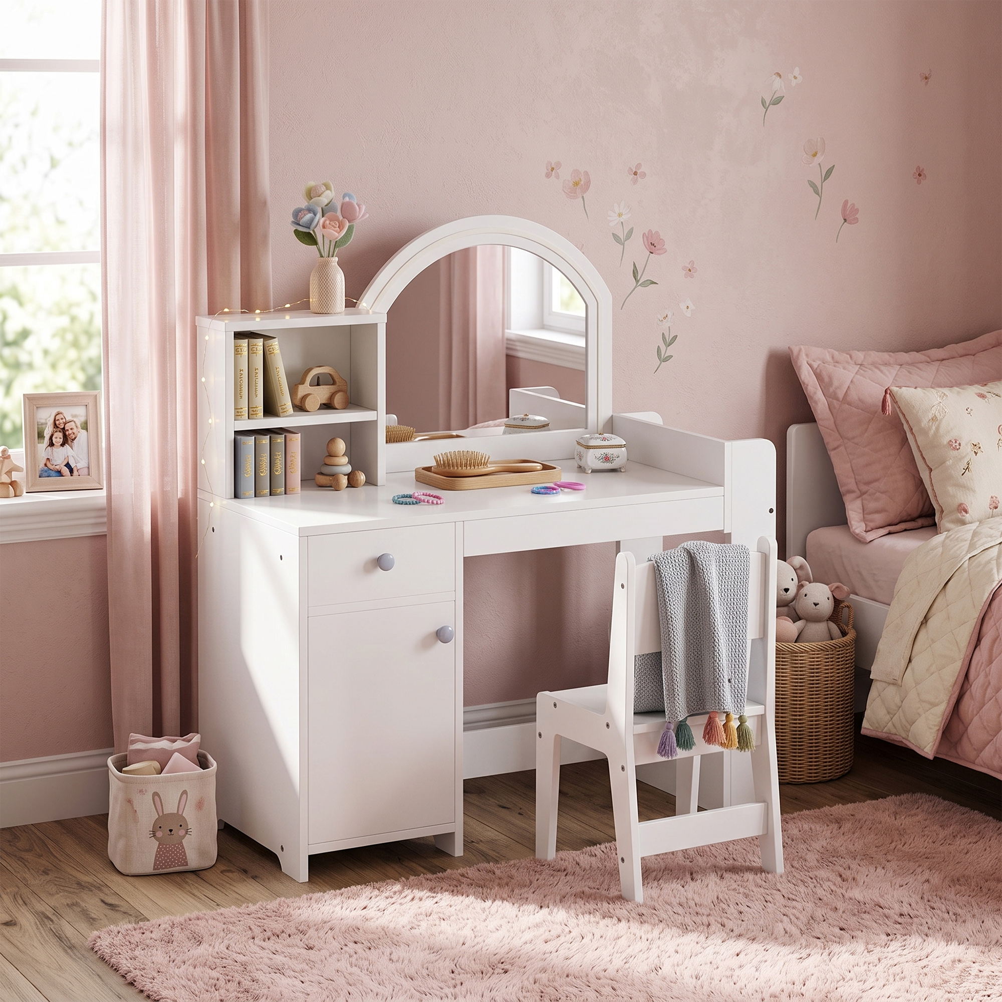 Un tocador infantil blanco con espejo, silla y decoración rosa en una habitación.