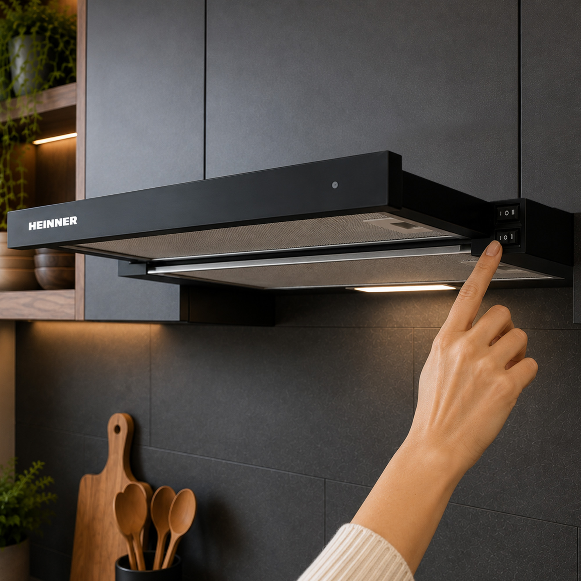 A hand turns on a switch of a black Heinner cooker hood in a modern kitchen.