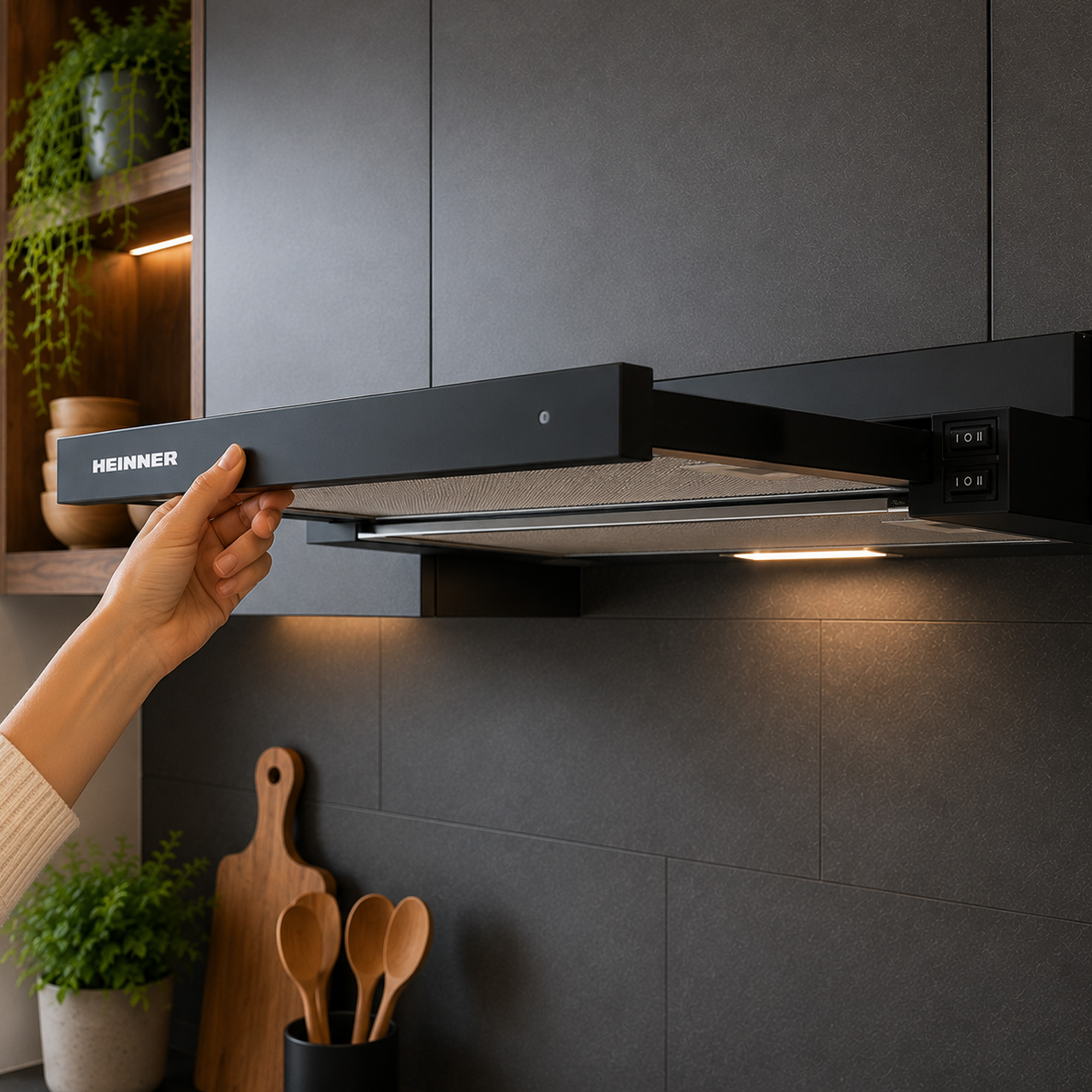 A hand pulls out a black Heinner range hood under gray kitchen cabinets.