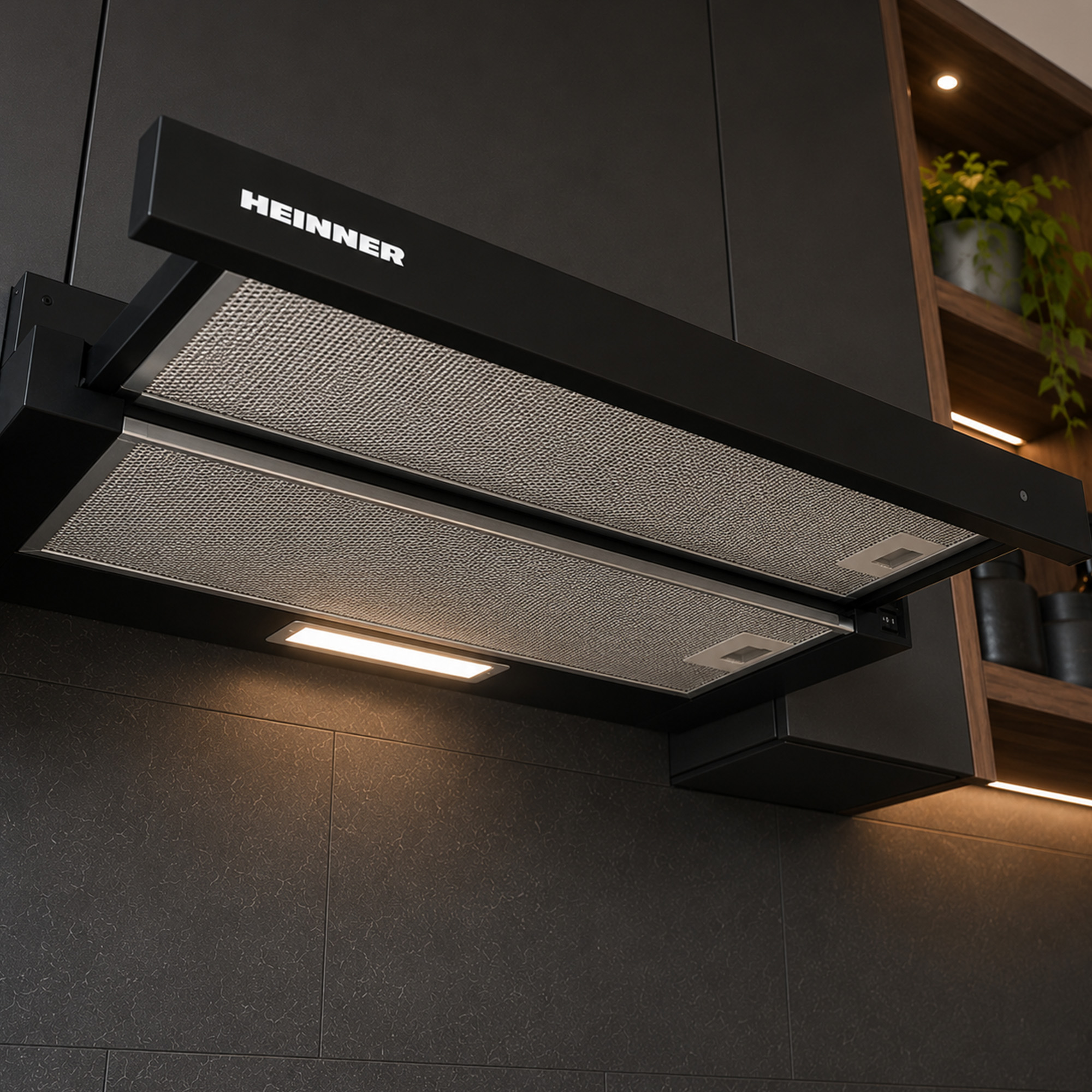 Black Heinner cooker hood with metal filters and lighting installed under dark wall cabinets.