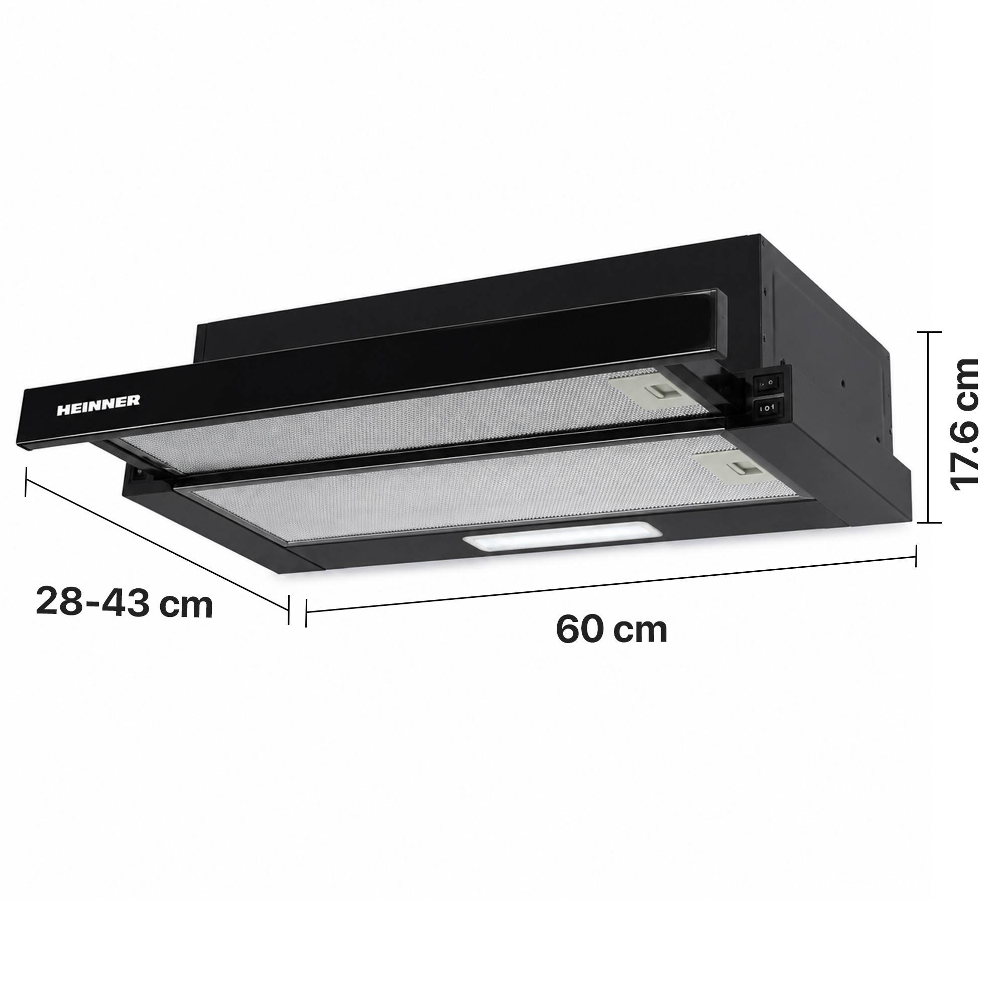 Black Heinner range hood with dimensions: 60 cm width, 17.6 cm height, and 28-43 cm depth.
