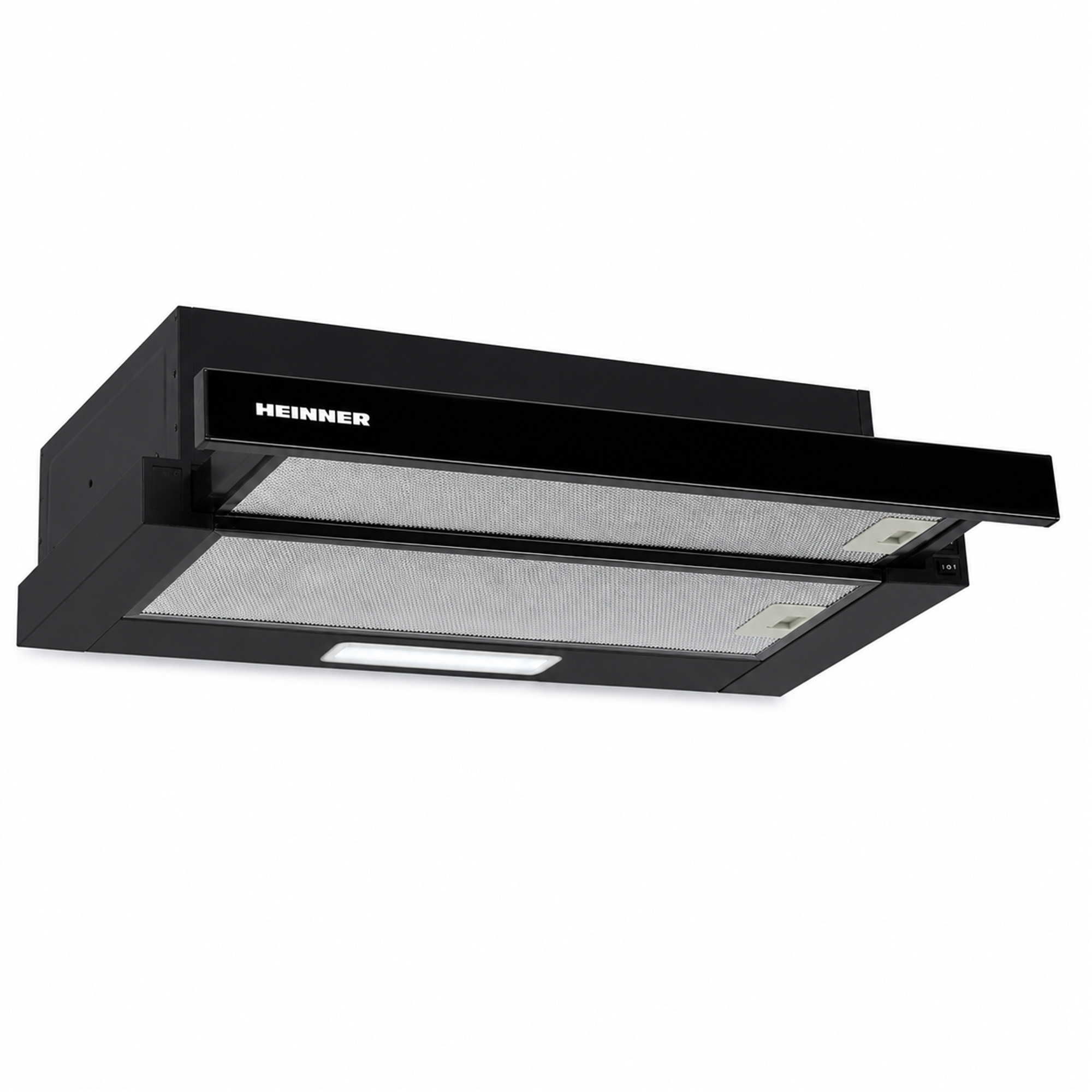 Black Heinner range hood with two grey metal filters and an integrated LED light against a white background.