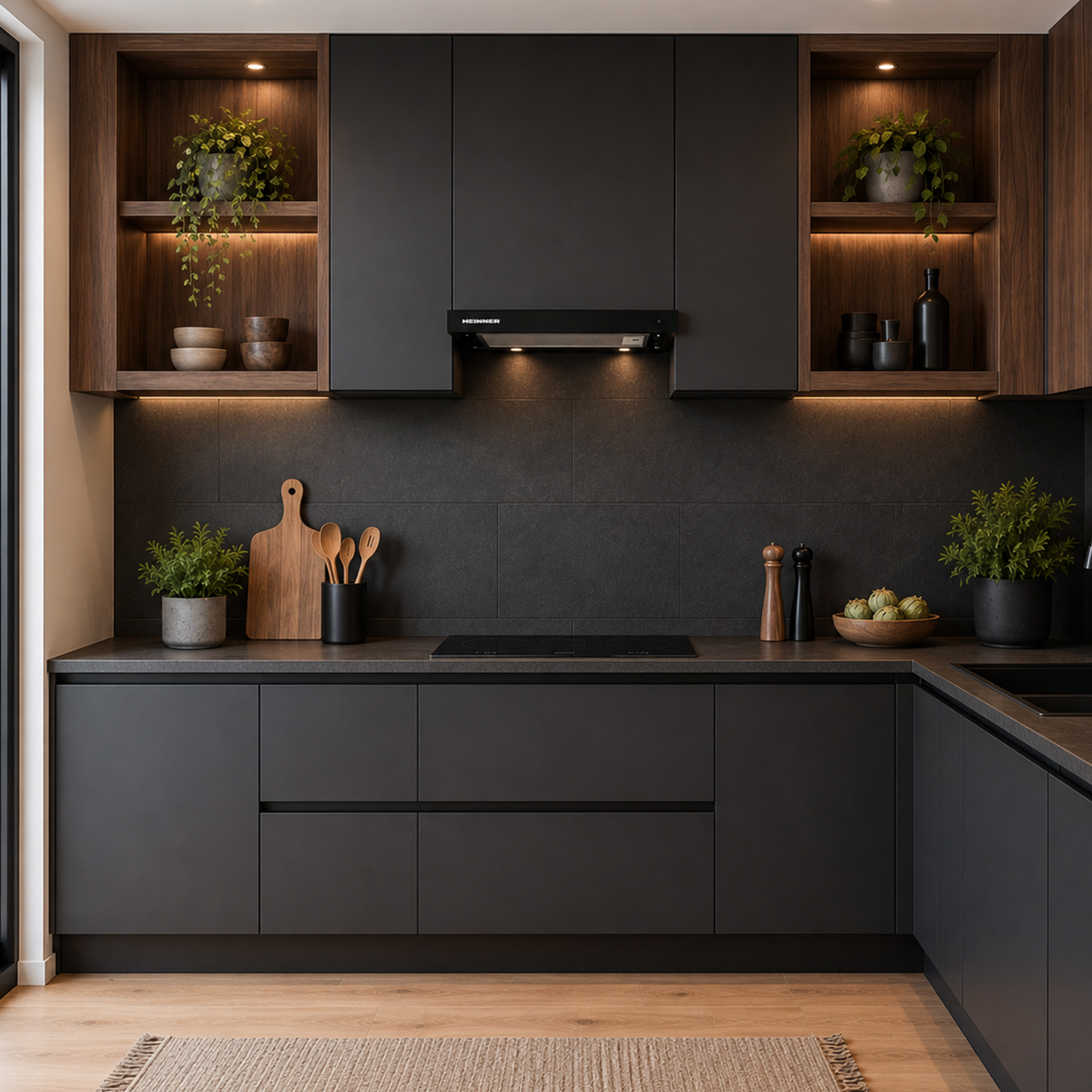 Modern dark kitchen with wood shelves, plants, black range hood, and countertops.