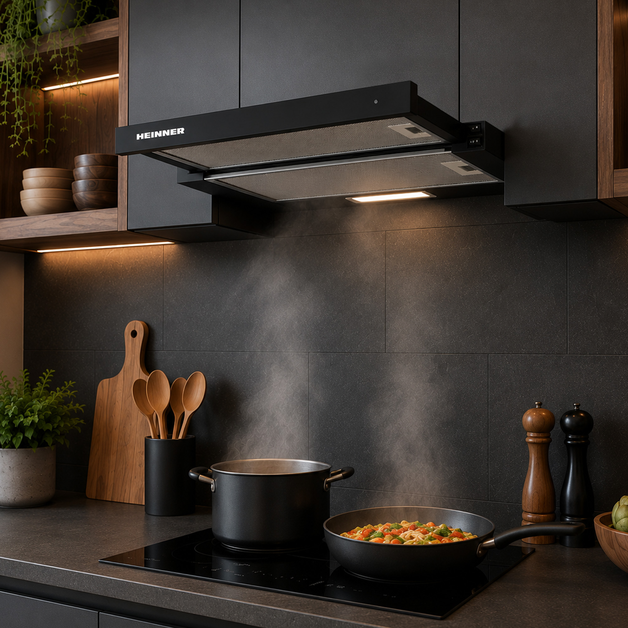A black cooker hood with Heinner branding above a steaming pot and pan on a stovetop in a dark kitchen.