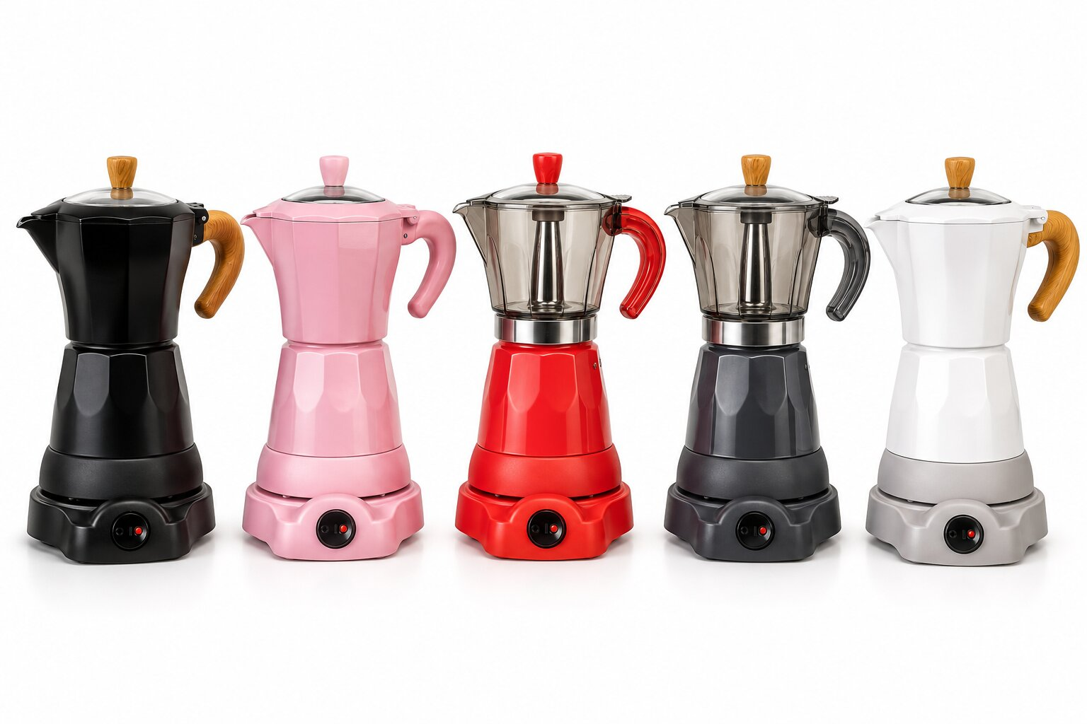Fünf elektrische Moka-Kannen in den Farben Schwarz, Rosa, Rot, Dunkelgrau und Weiß auf weißem Hintergrund.