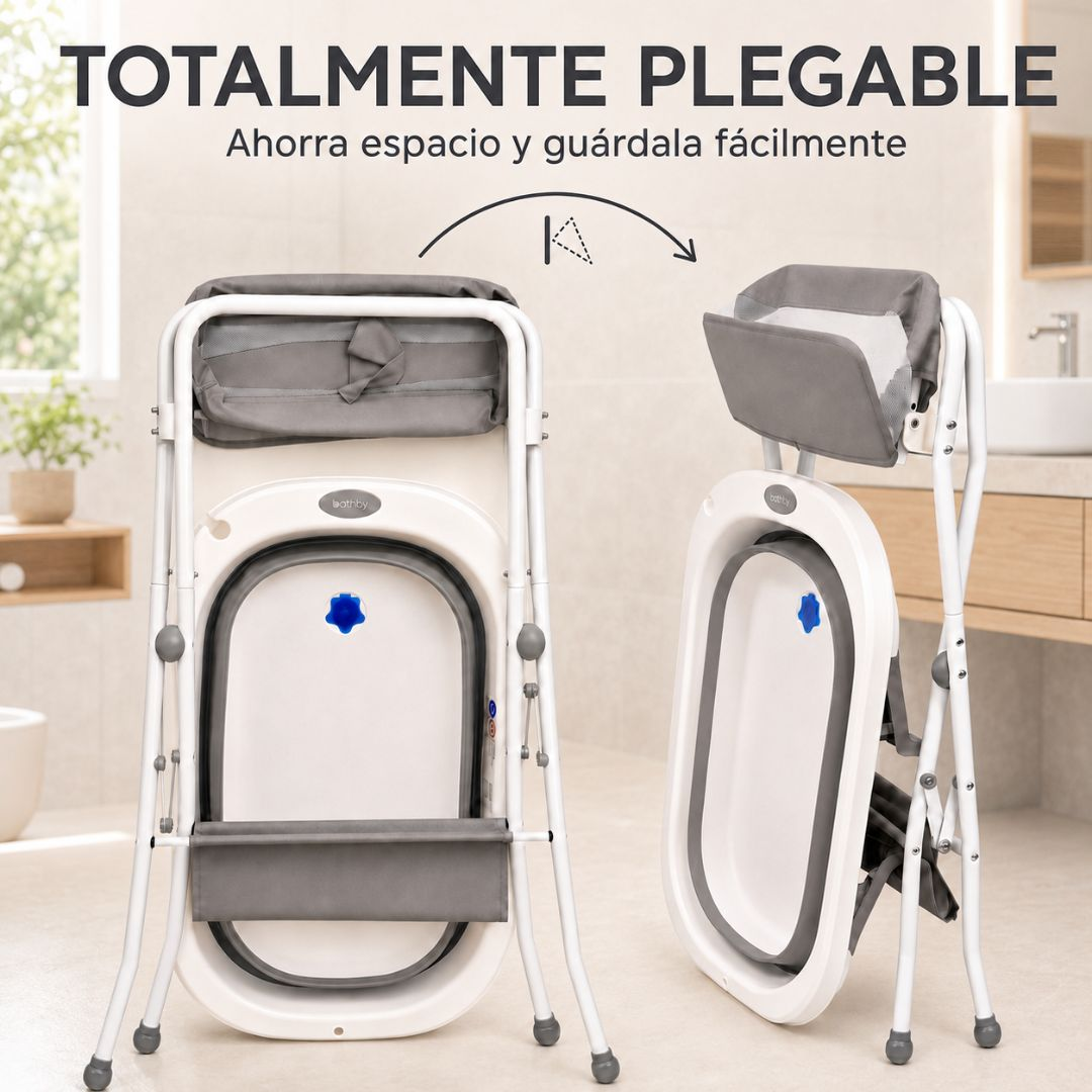 Un soporte para bañera de bebé plegable, blanco y gris, mostrado en su posición cerrada.