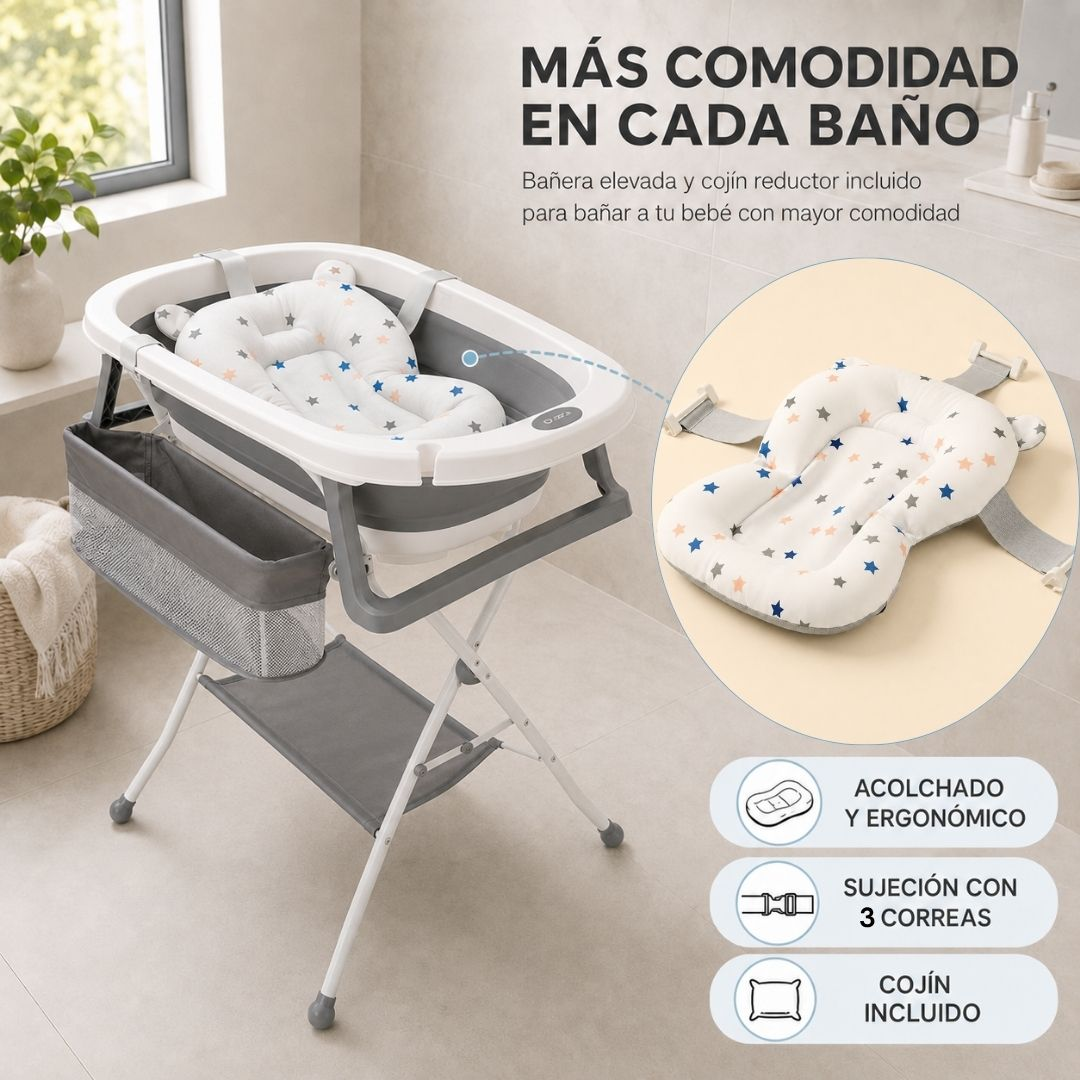Bañera de bebé plegable con soporte, cesta de almacenamiento y cojín ergonómico con estrellas.