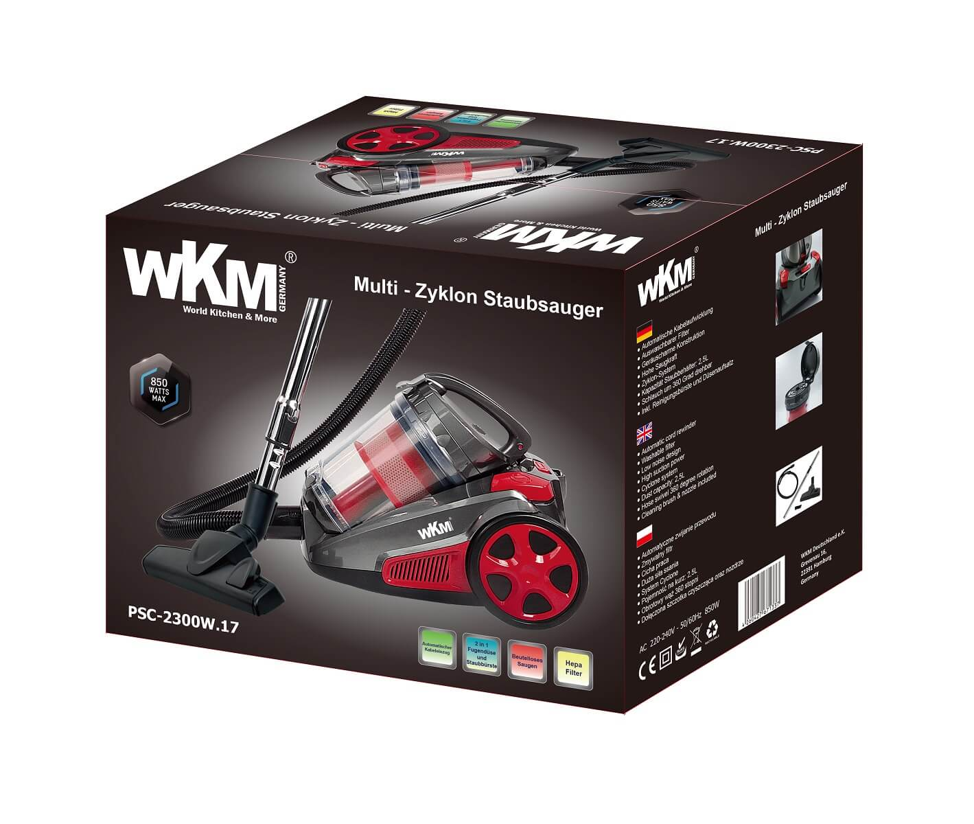 WKM Multi-Zyklon Staubsauger PSC-2300W.17 in schwarzer und roter Farbe auf einer Produktverpackung.