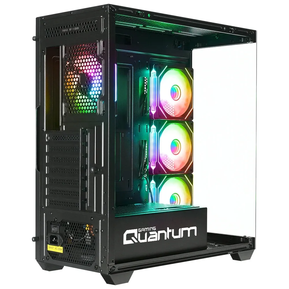 Cam yan panelli, üç RGB fanlı ve renkli ışıklı siyah Quantum Gaming PC kasası.
