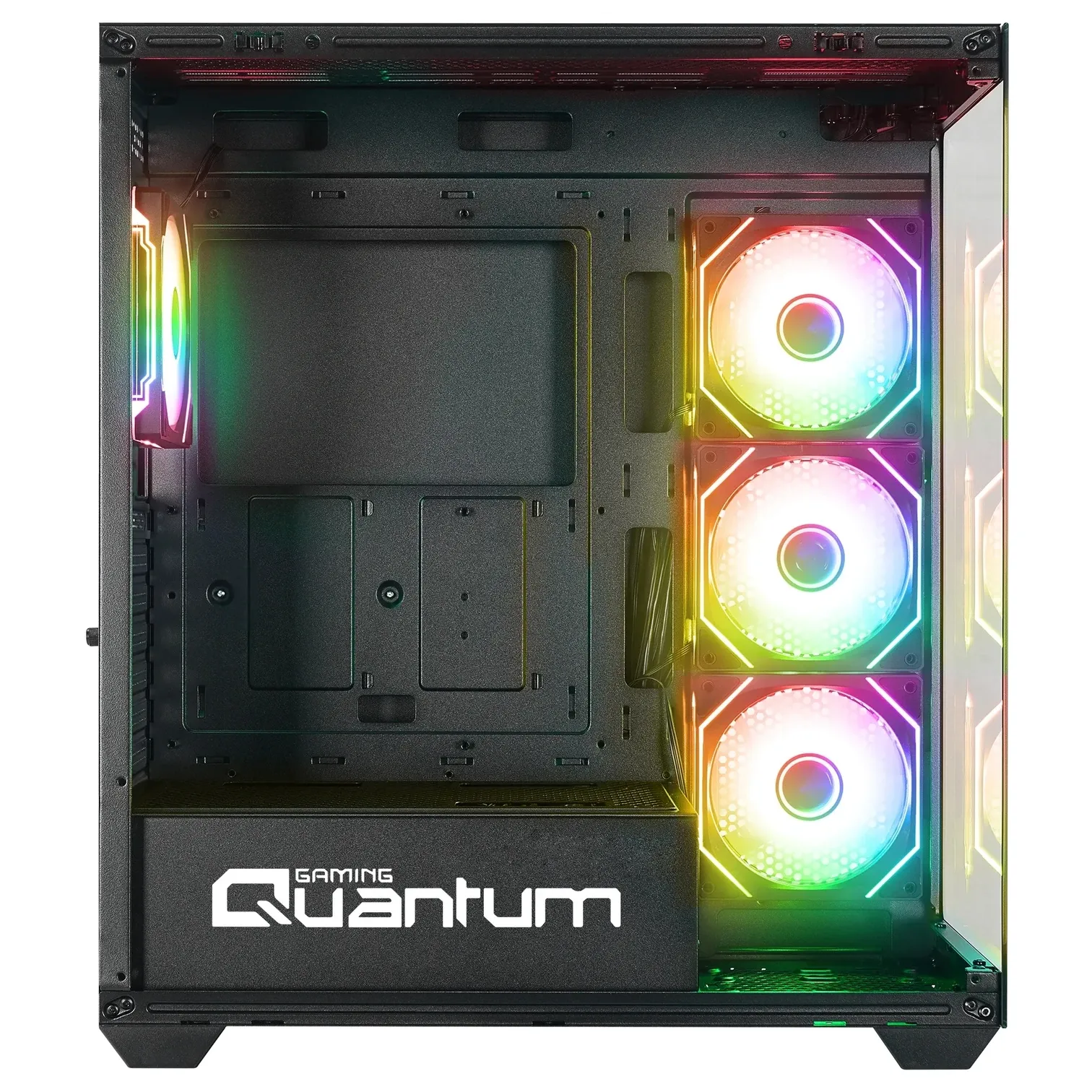 Quantum Gaming logolu siyah PC kasası, sağda üç RGB fan ve arkada bir fan içerir.