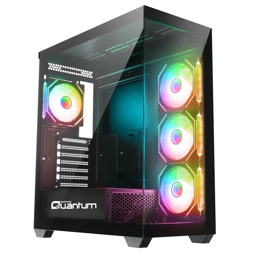 Cam yan panellere ve renkli RGB fanlara sahip siyah bir oyun bilgisayarı kasası.