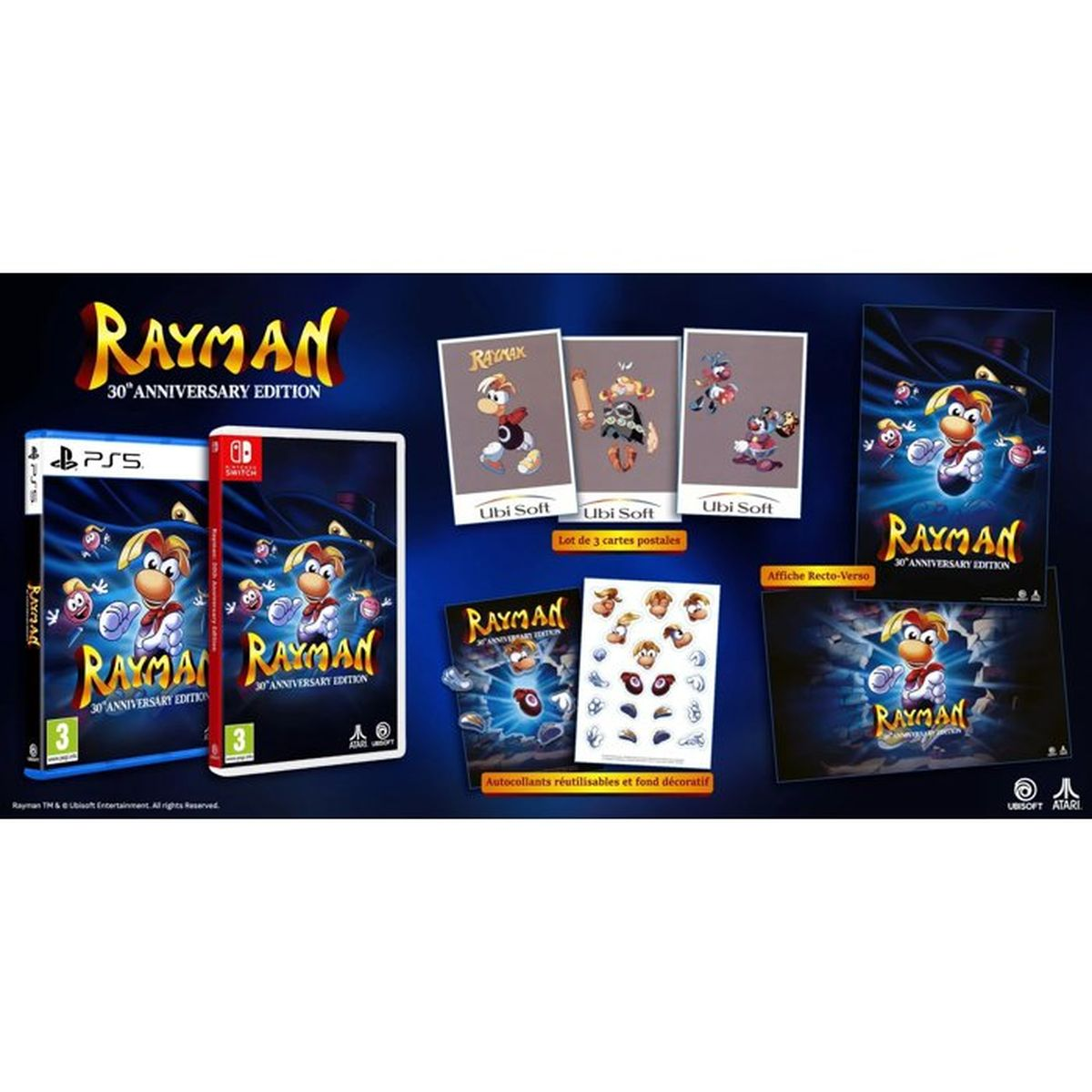 Rayman 30th Anniversary Edition mit Hüllen, Postkarten, Aufklebern und einem Poster auf blauem Hintergrund.