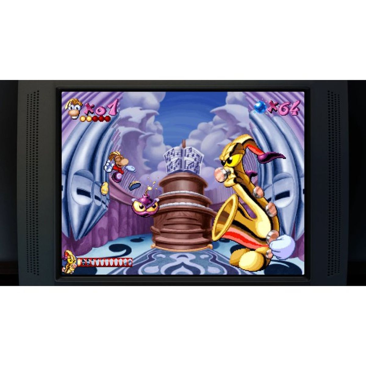 Eine bunte 2D-Videospielszenen mit einem Saxophon-Charakter und schwebenden Plattformen.