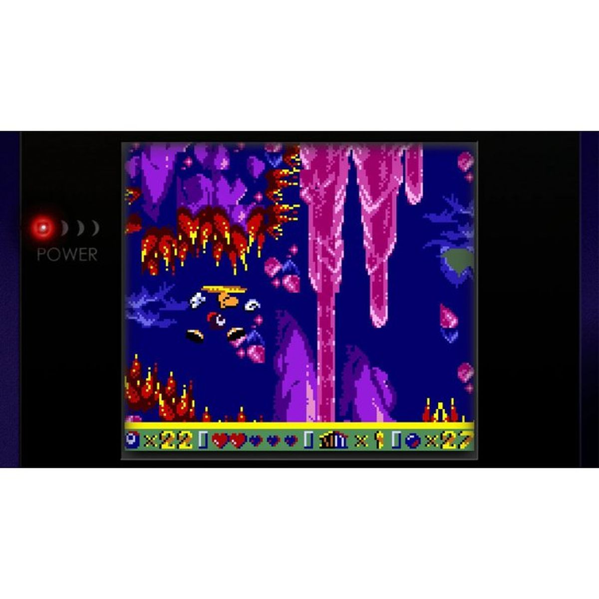 Pixel-Spielbildschirm mit blauem Hintergrund, rosa Eiszapfen und einem kleinen roten Charakter in der Luft.