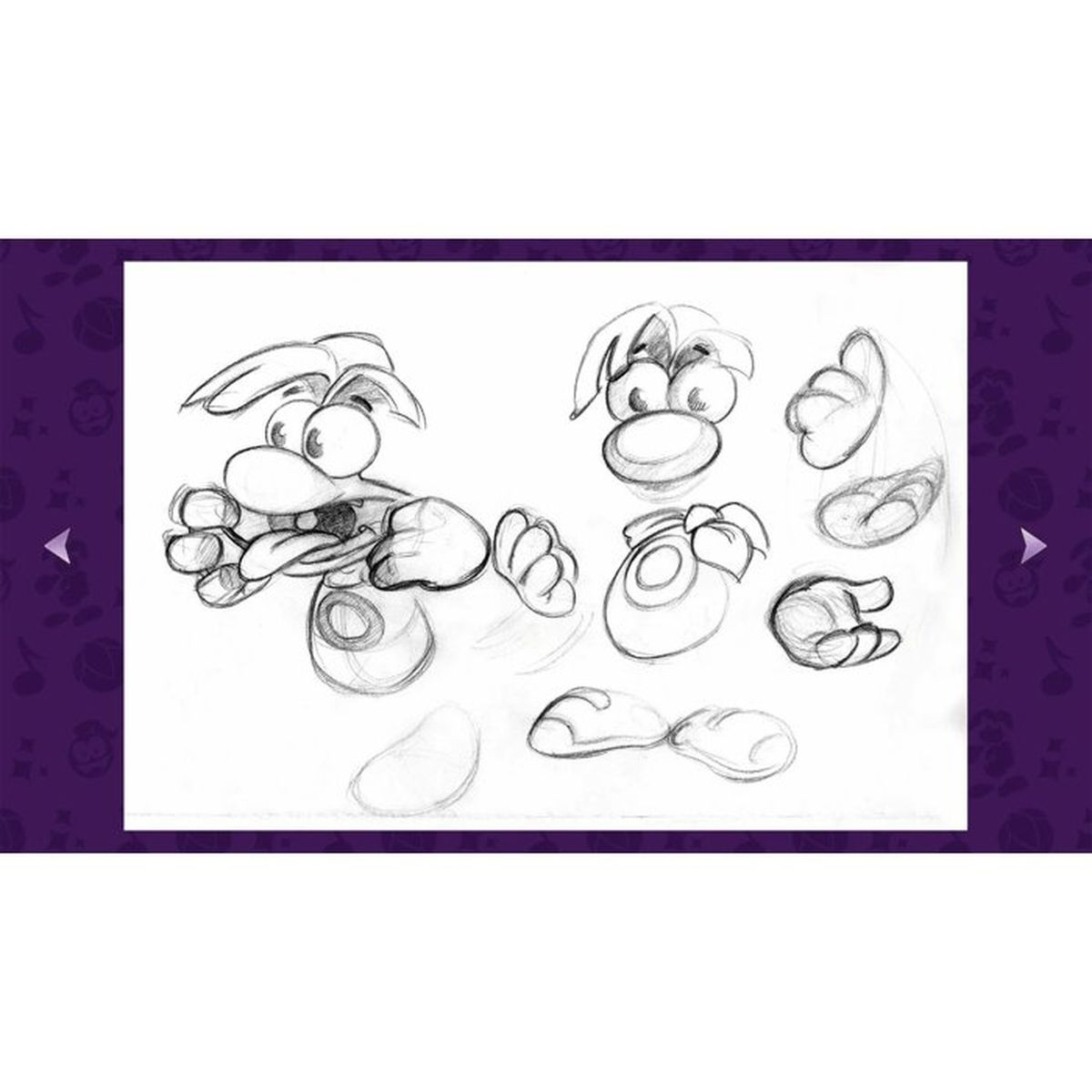 Bleistiftskizzen von Rayman mit Charakterdesign, Gesichtsausdrücken und abgetrennten Körperteilen.