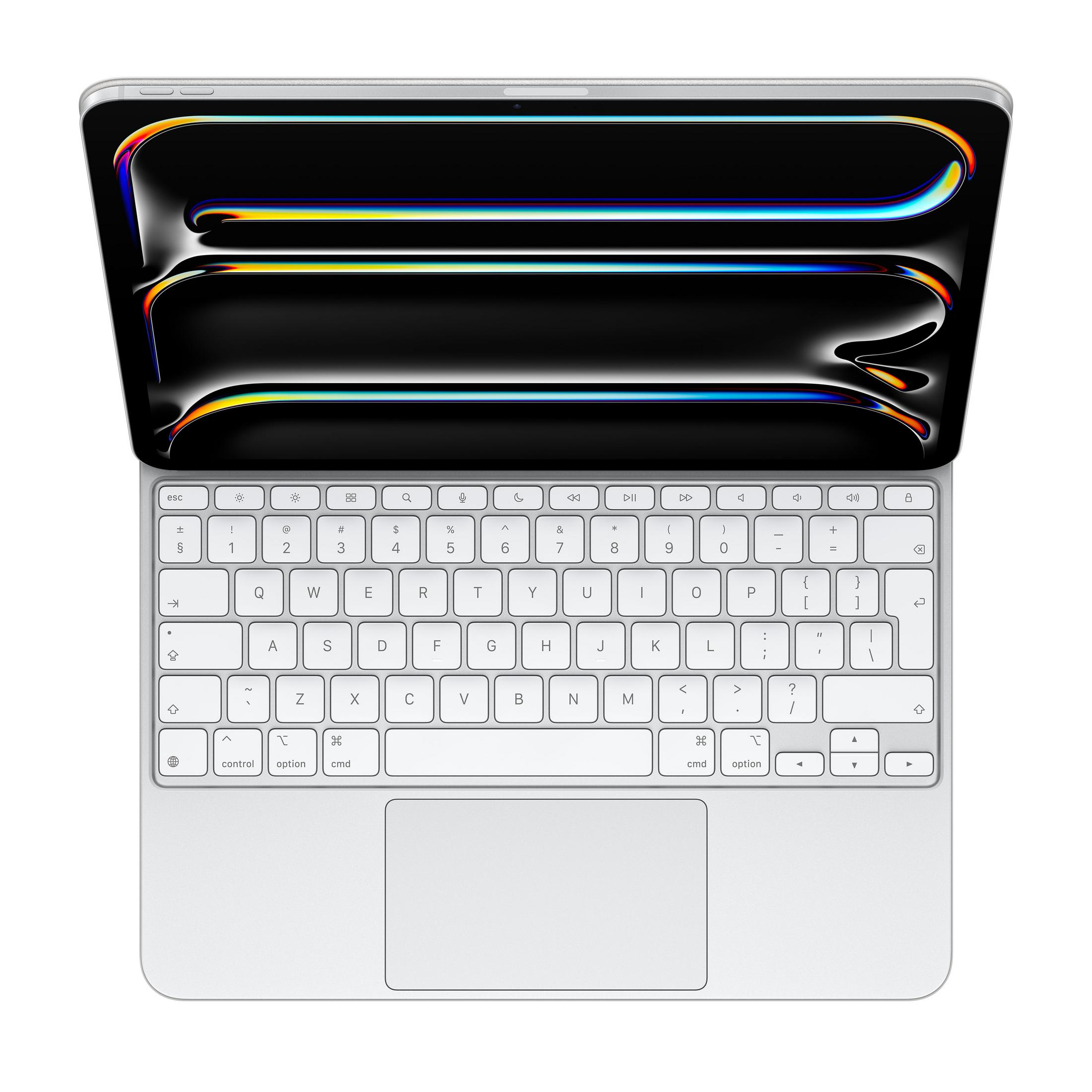 Ansicht von oben eines silbernen Tablets mit Tastatur und Trackpad sowie einem abstrakten Hintergrundbild.