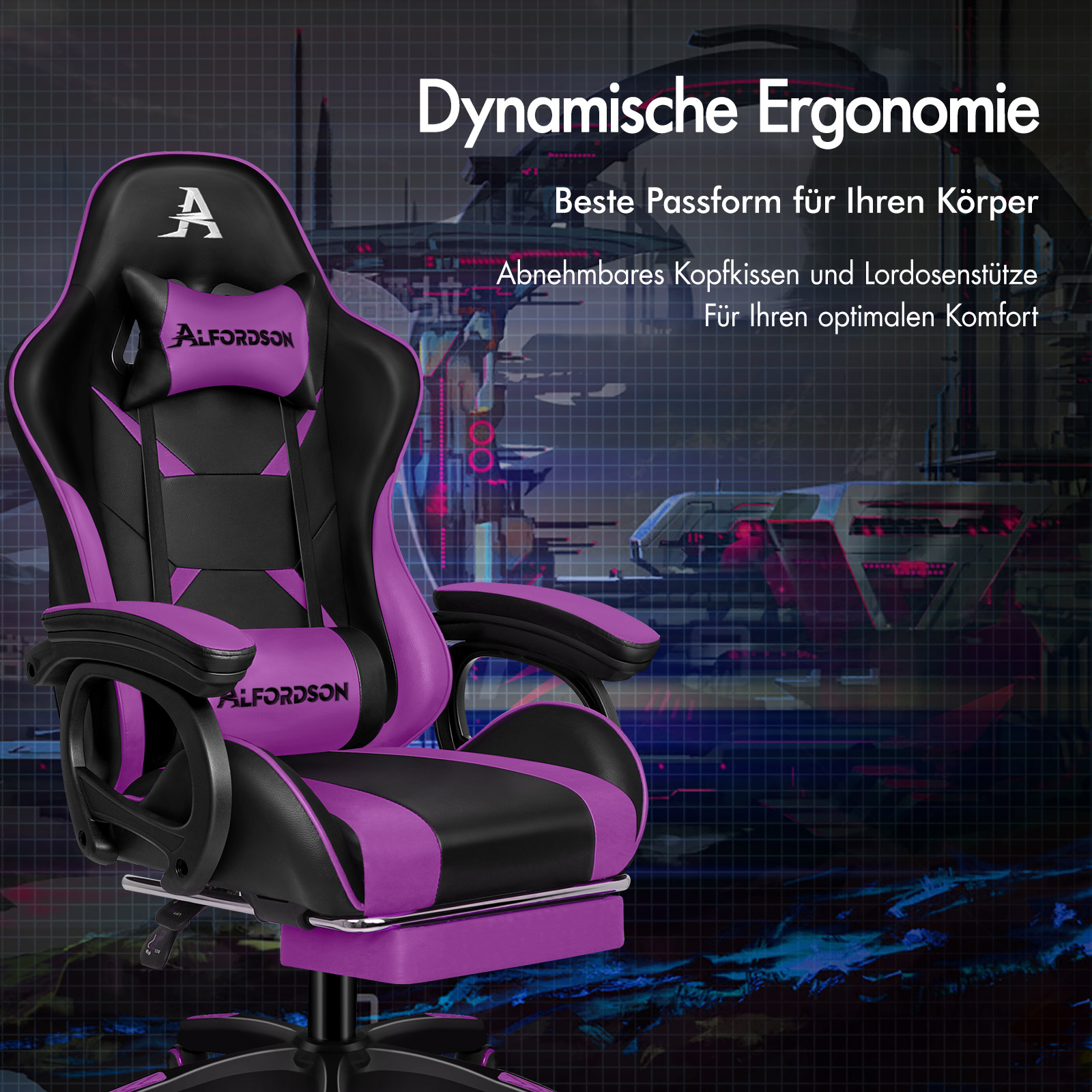 Lila-schwarzer Gaming-Stuhl vor futuristischem Hintergrund mit deutschem Werbetext über Ergonomie.