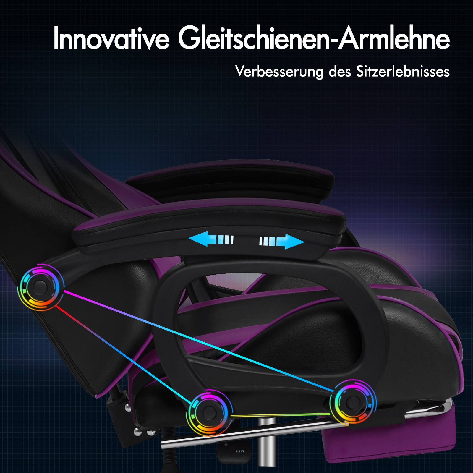 Seitenansicht eines schwarz-lila Gaming-Stuhls mit Fokus auf die verstellbare Armlehne und bunte Details.