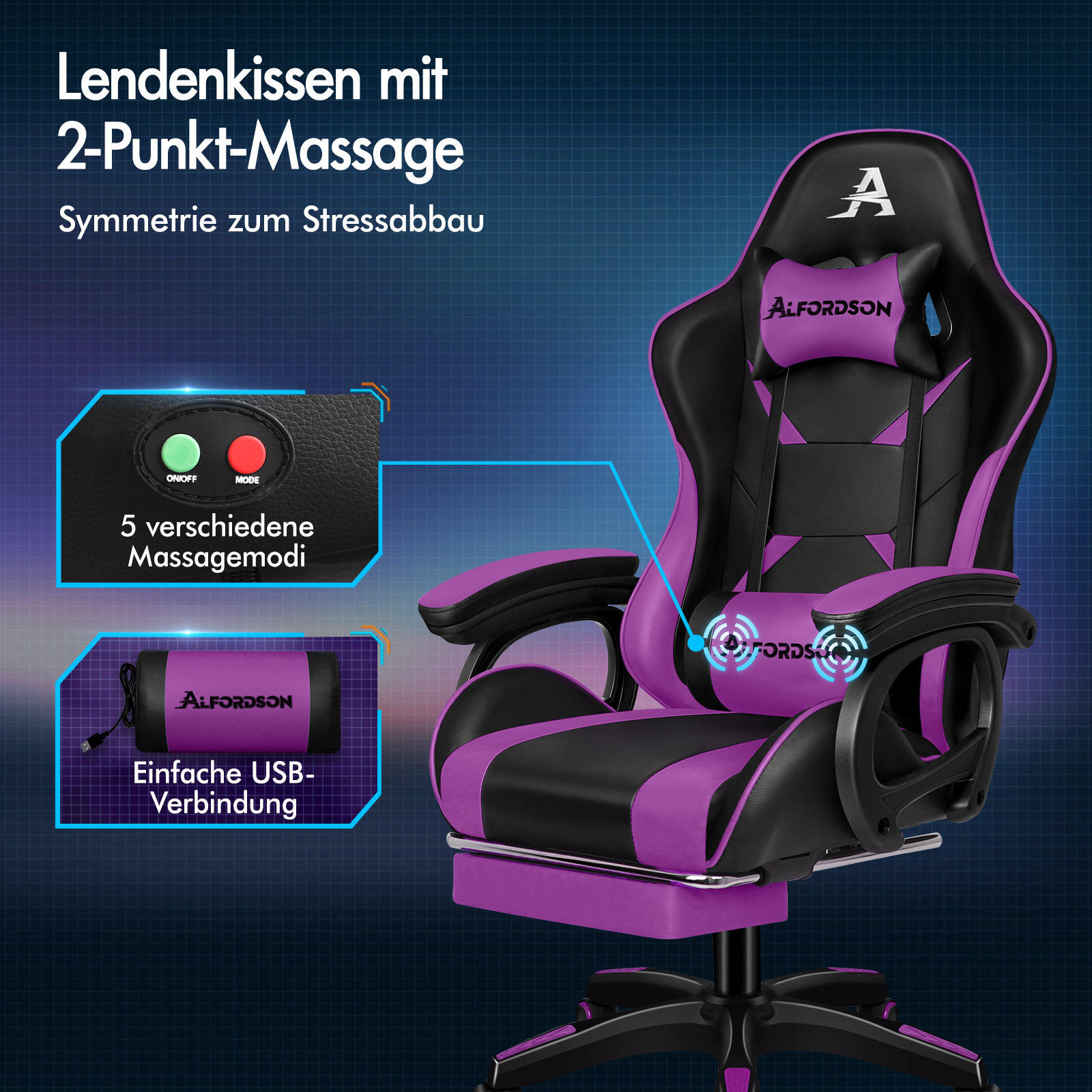 Ein schwarz-lila Gaming-Stuhl mit 2-Punkt-Massage-Lendenkissen und USB-Anschluss.