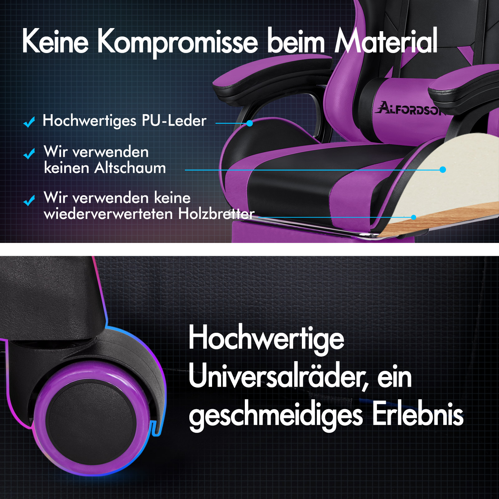 Gaming-Stuhl mit hochwertigem PU-Leder, Polsterschaum und Universalrädern.