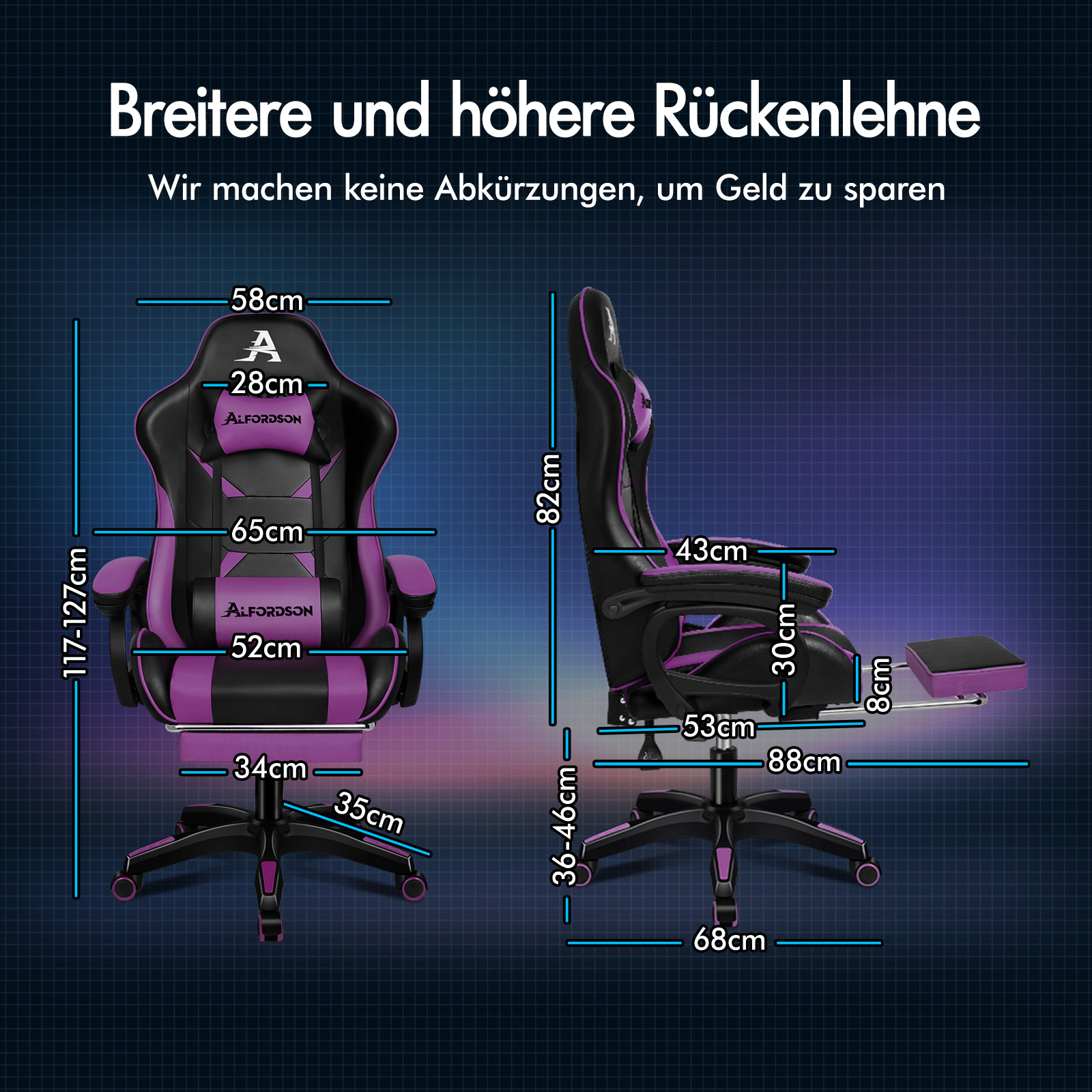 Technische Zeichnung und Maße eines schwarz-violetten Gaming-Stuhls mit Fußstütze.