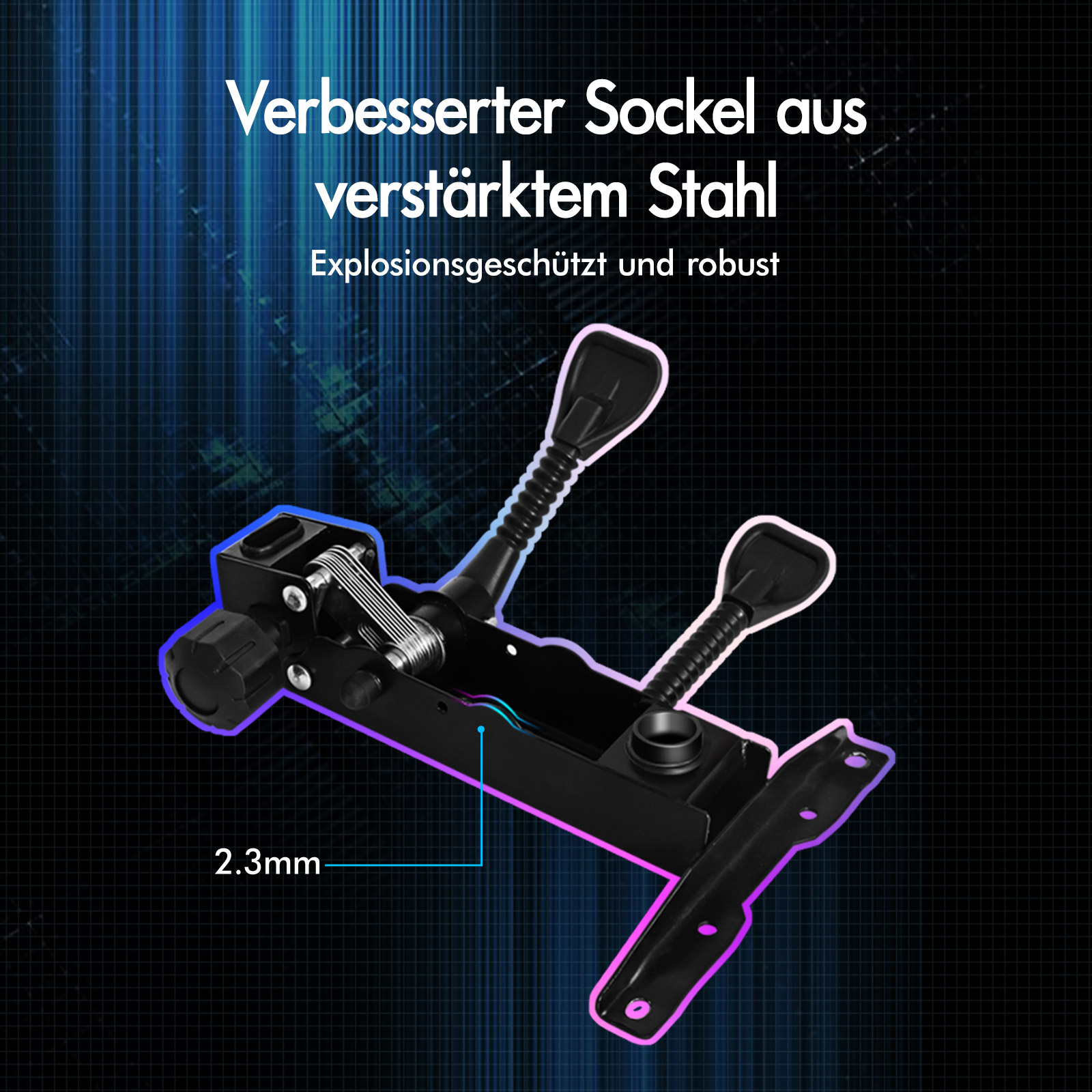 Robuster 2,3mm Stahl-Stuhlsockel mit Verstellhebeln und Drehknopf vor dunklem Gitterhintergrund.