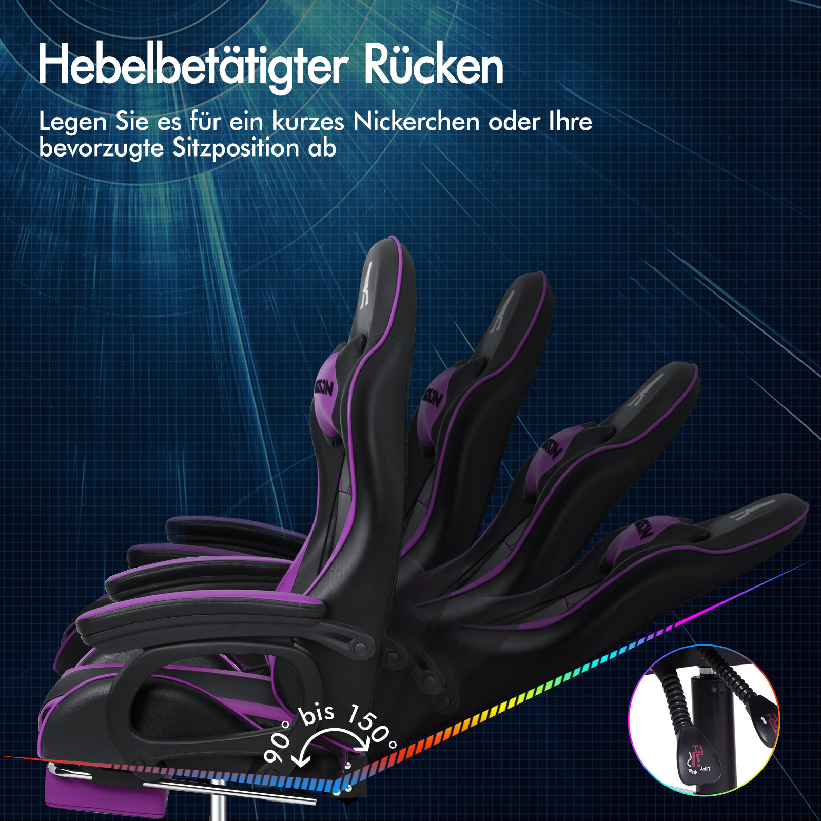 Ein schwarz-lila Gaming-Stuhl zeigt Neigewinkel von 90 bis 150 Grad vor blauem Gitterhintergrund.