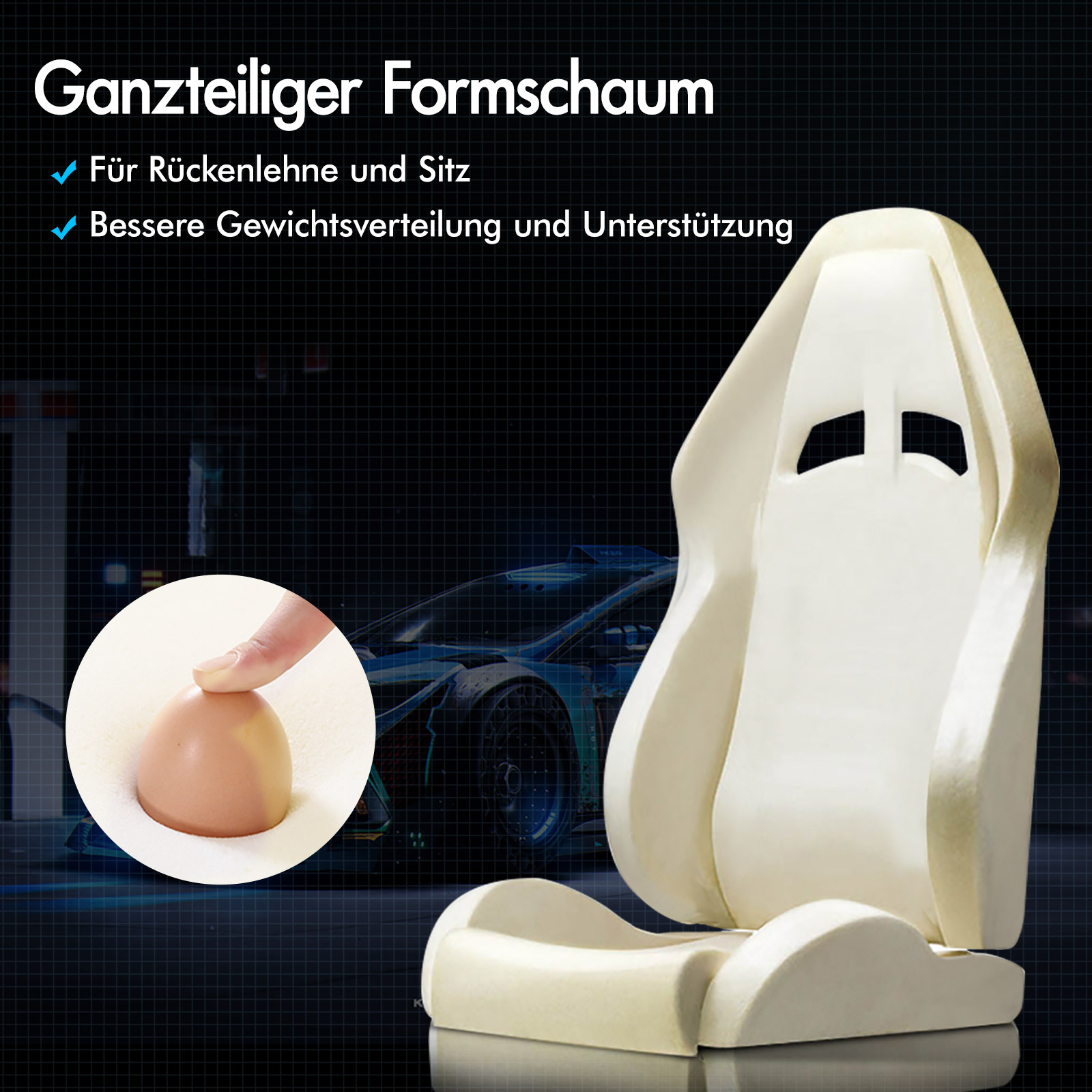 Ein weißer, ganzer Formschaum-Sitz mit einem Inset, das ein Ei im Schaum zeigt, vor dunklem Hintergrund.