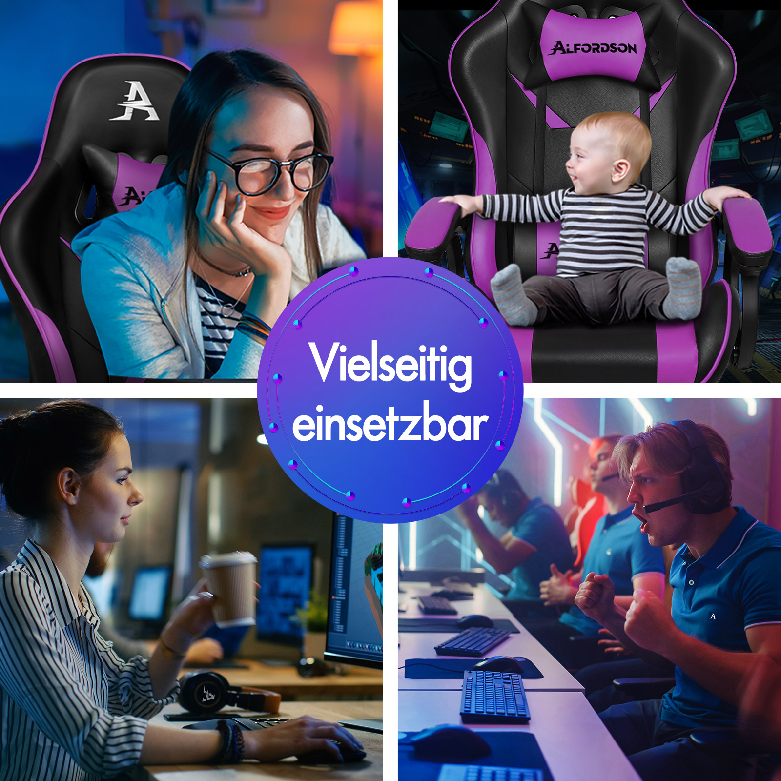 Collage mit einer Frau, einem Baby, einer Büroangestellten und Spielern auf Alfordsons Gaming-Stühlen.