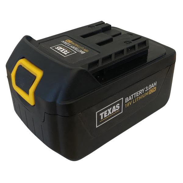 Schwarzer Texas 18V Lithium-Ionen-Akku mit gelbem Auslöser auf weißem Hintergrund.