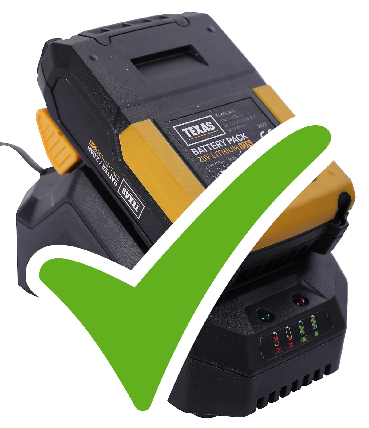 Ein Texas 20V Lithium-Ionen-Akku in einer schwarzen Ladestation mit einem grünen Häkchen-Symbol.