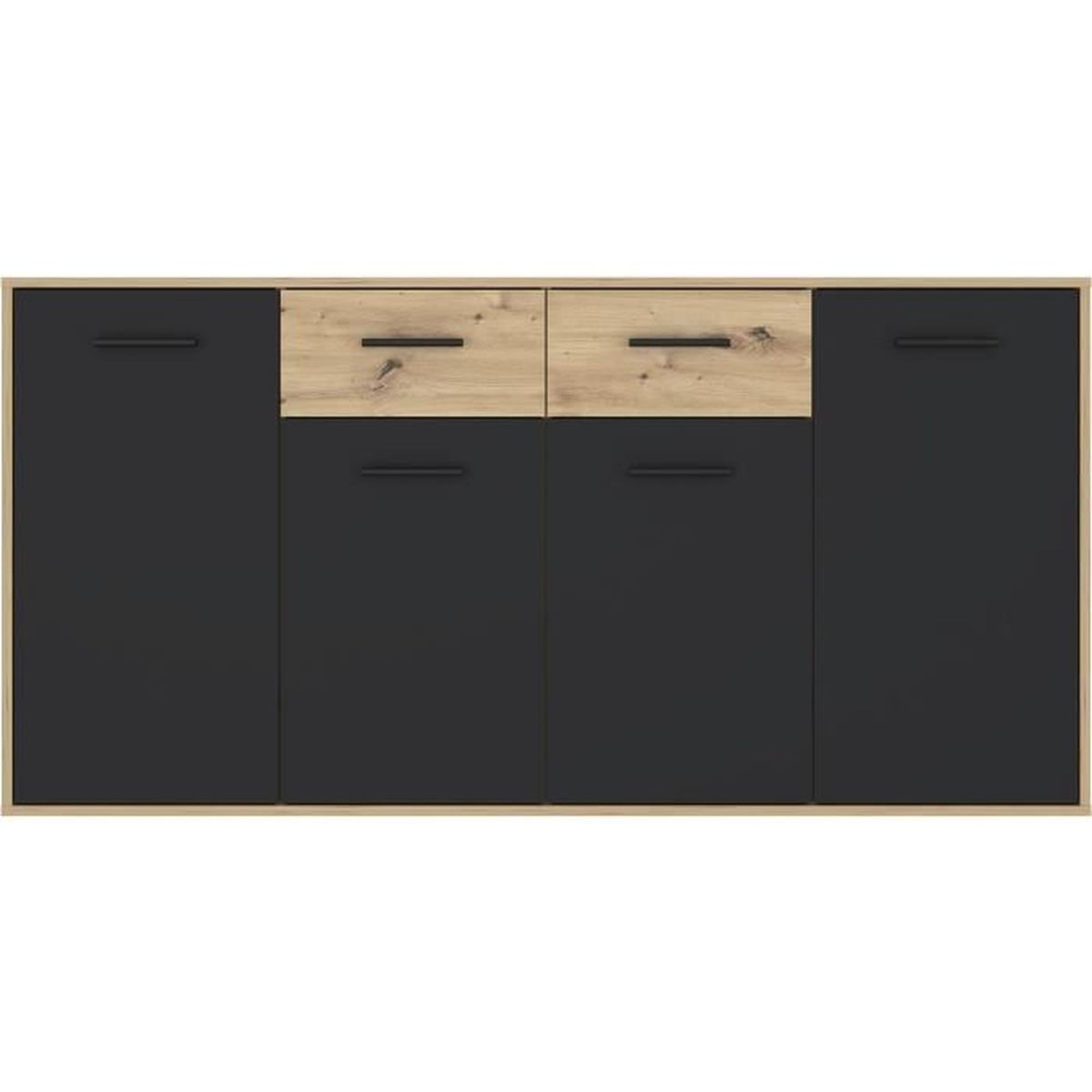 Moderne Kommode mit Holzmasserung, zwei Holzdruckschubladen und schwarzen Schränken mit Griffen.