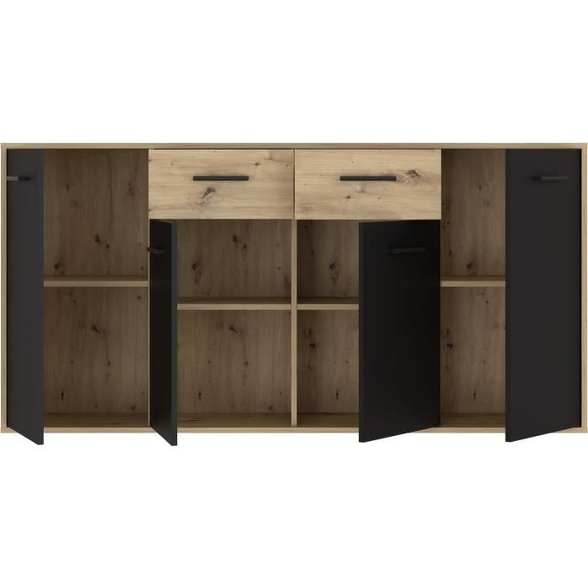 Ein Holzschrank mit zwei Schubladen und vier schwarzen Türen, die teilweise offen sind.