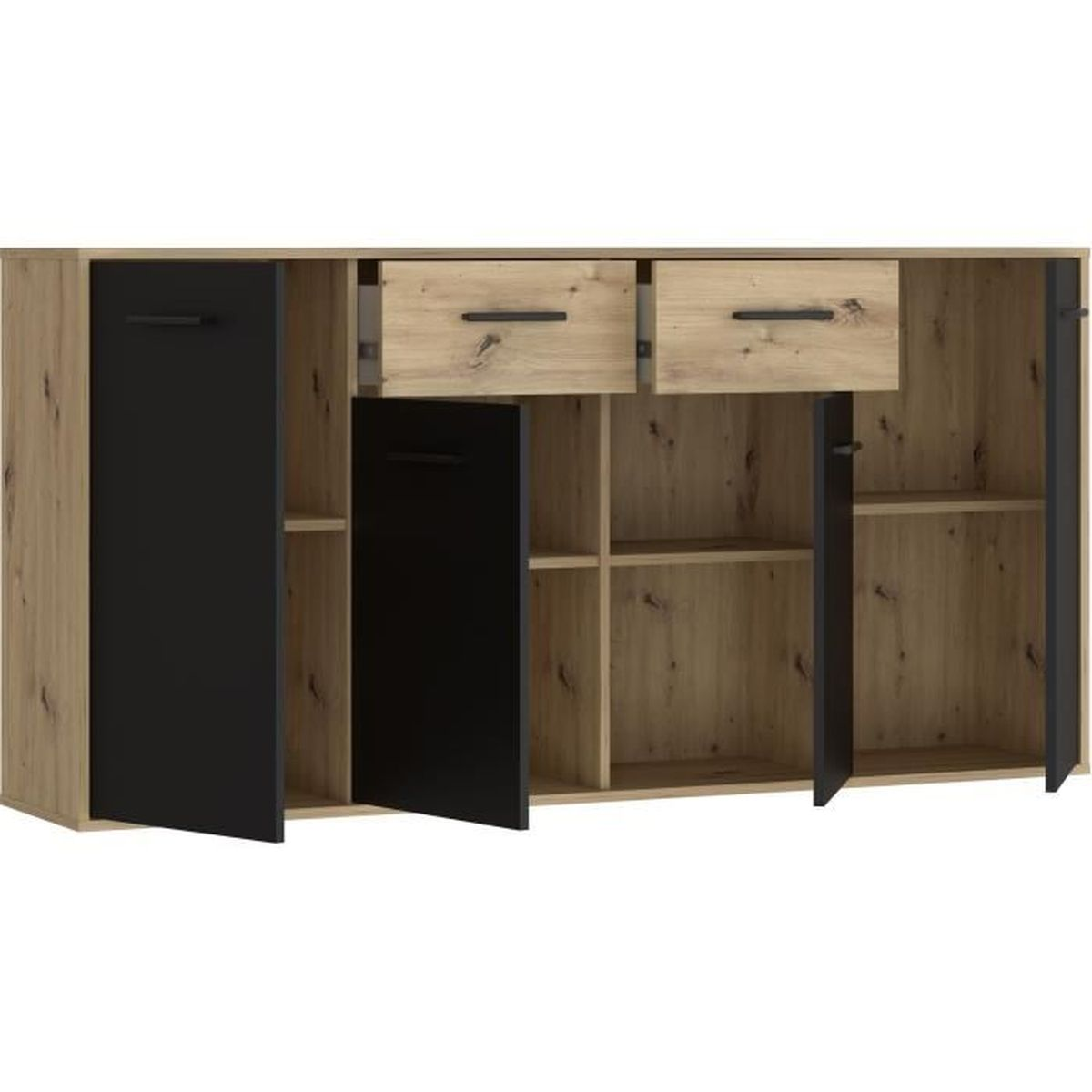 Ein Holzsideboard mit schwarzen Türen und zwei Schubladen, mit offenen und geschlossenen Fächern.