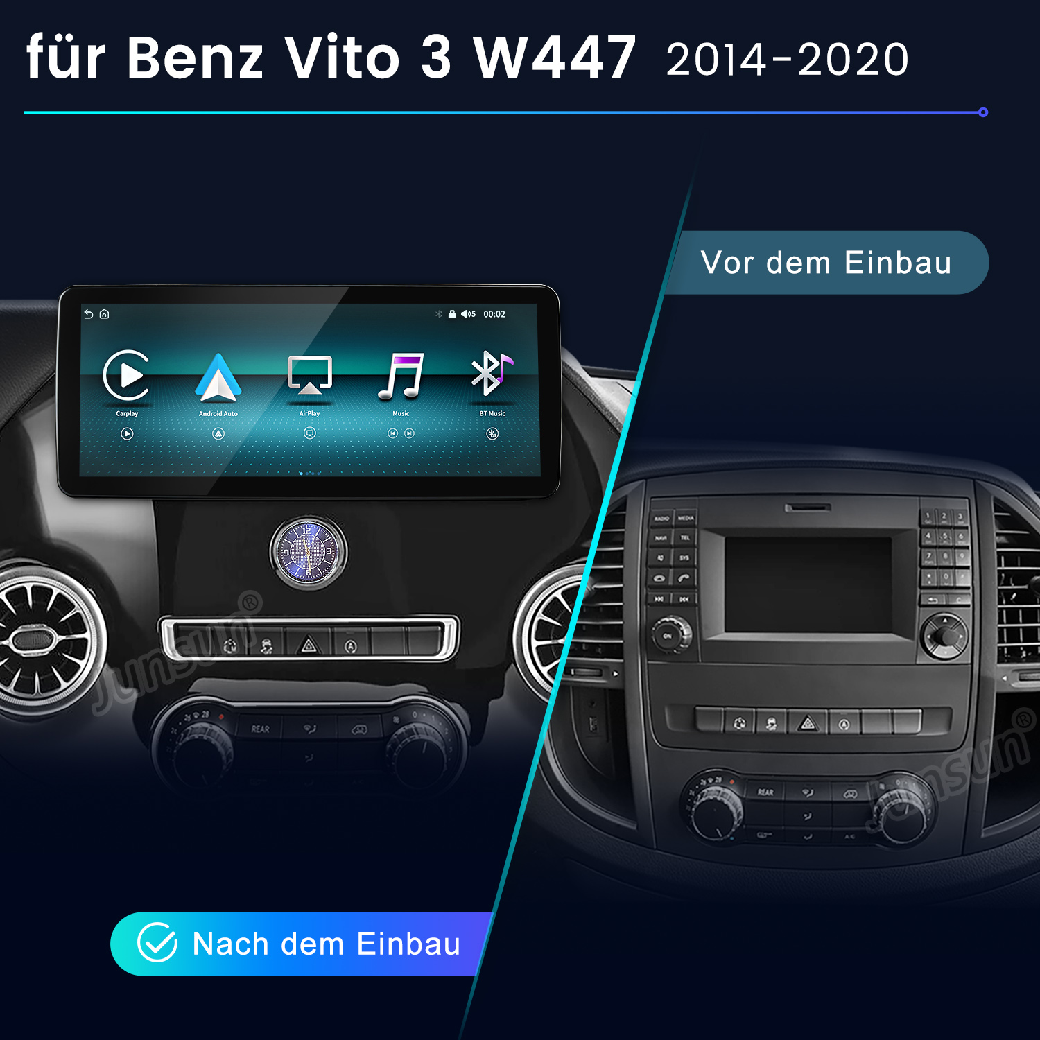 Vergleich des Benz Vito 3 Armaturenbretts vor und nach dem Einbau eines Touchscreen-Displays.