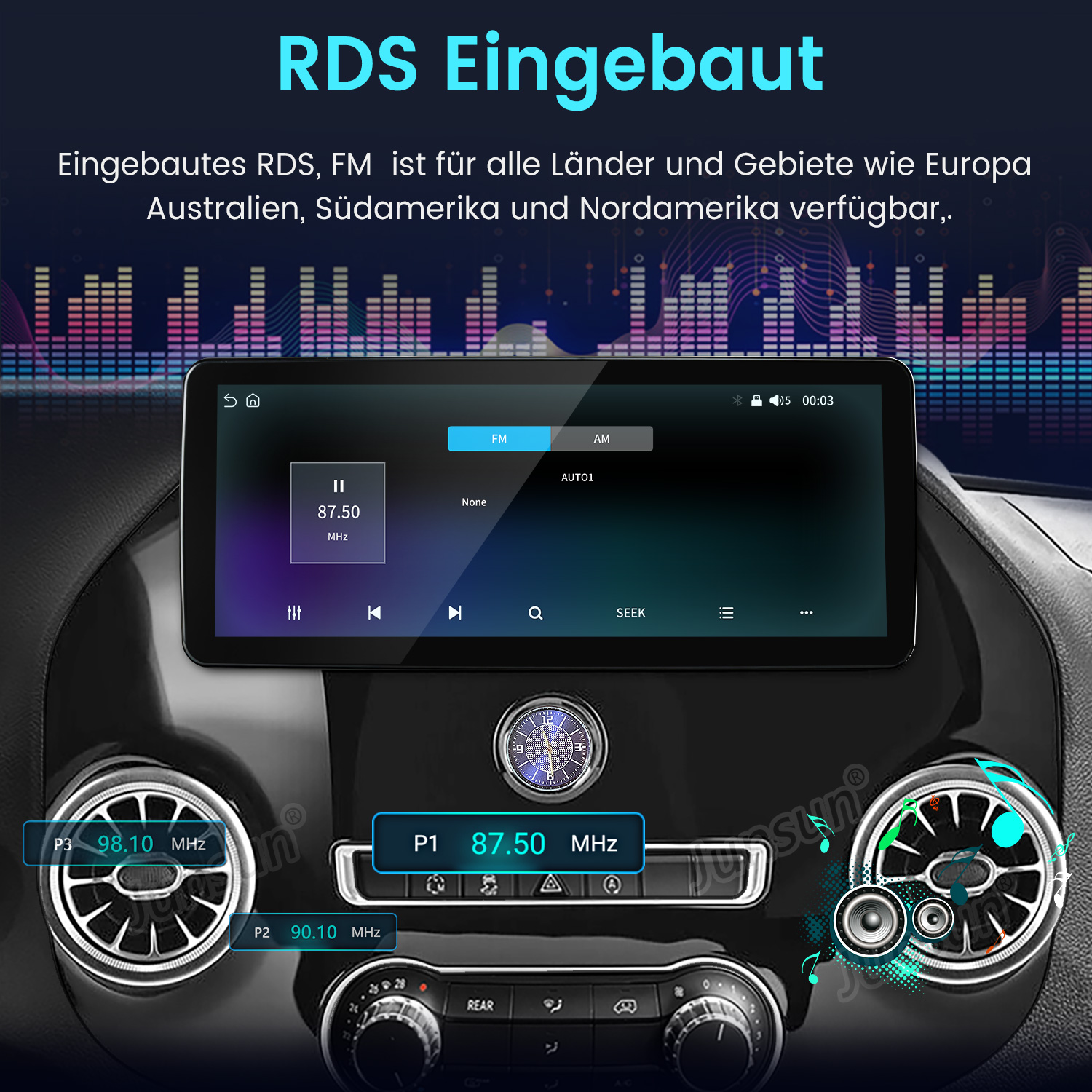 Ein Car-Display zeigt das FM-Radio-Menü mit integriertem RDS in einem modernen Armaturenbrett.