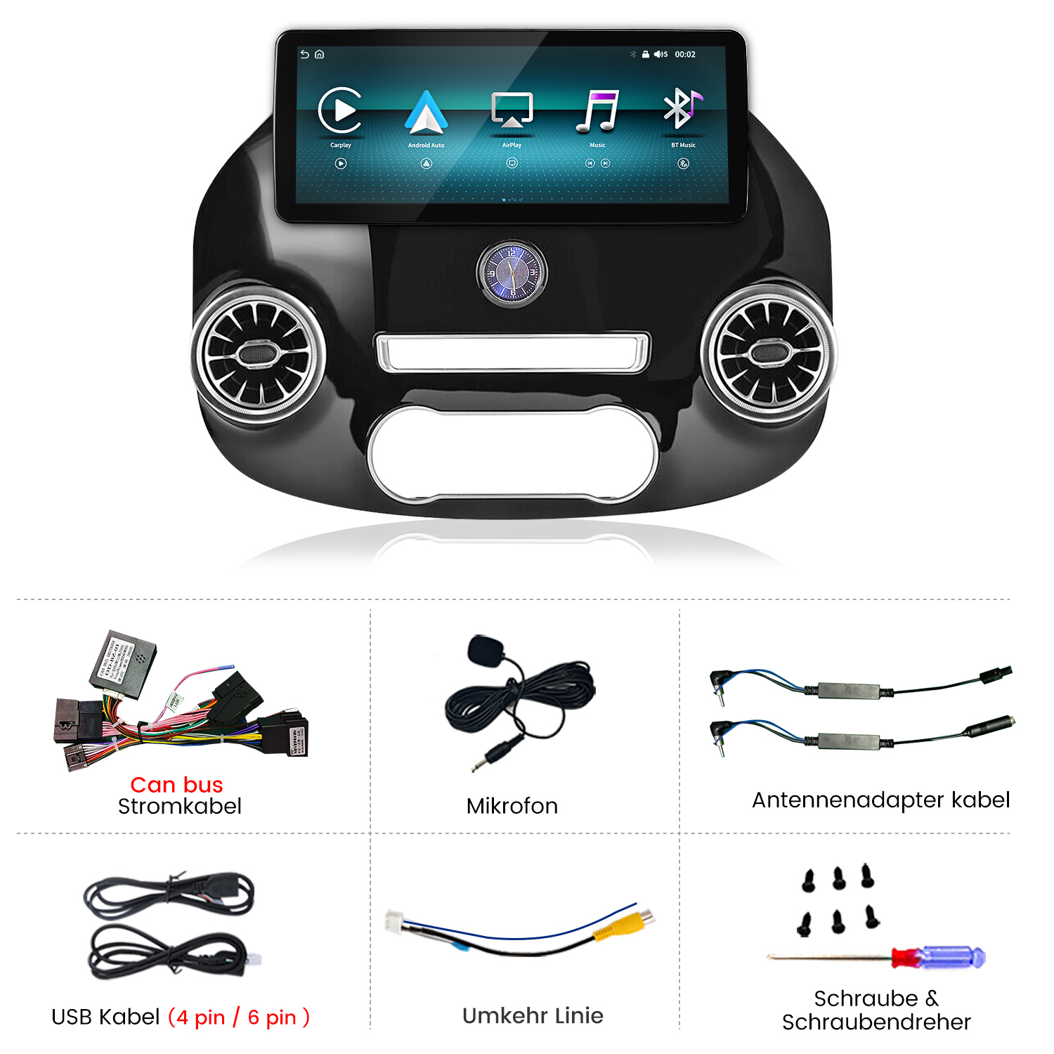 Autoradio-Einbausatz mit Display, Lüftungsdüsen, Kabelbäumen, Mikrofon, Antennenadaptern, USB-Kabeln und Werkzeug.